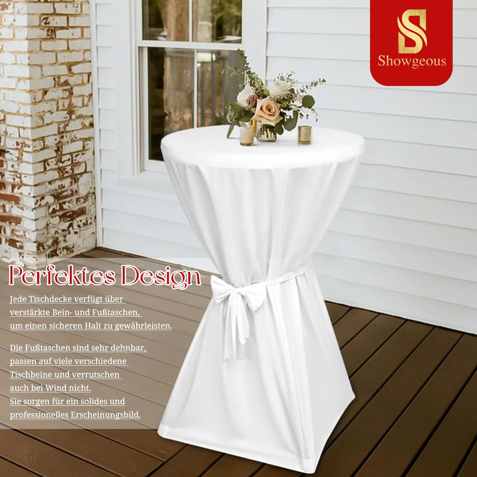Showgeous Lot de 6 Housses de Table de Bar Premium 60 cm Blanches Housses de Table pour Tables de Bar 60 cm Housse de Table de Bar, Nappe de Table de Bar Antidérapante et Lavable Ruban