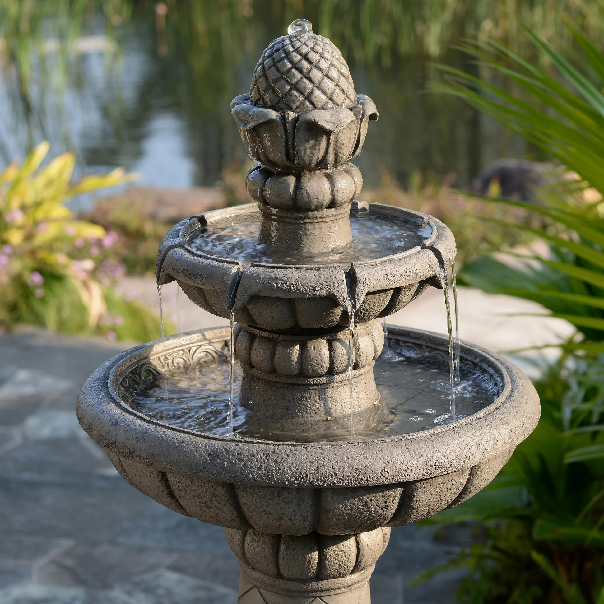 Teamson Home Fontaine Bain d’Oiseaux extérieure 99 cm à 2 Niveaux, Bassin Peu Profond, Finition Pierre Gris Clair, Flux Doux