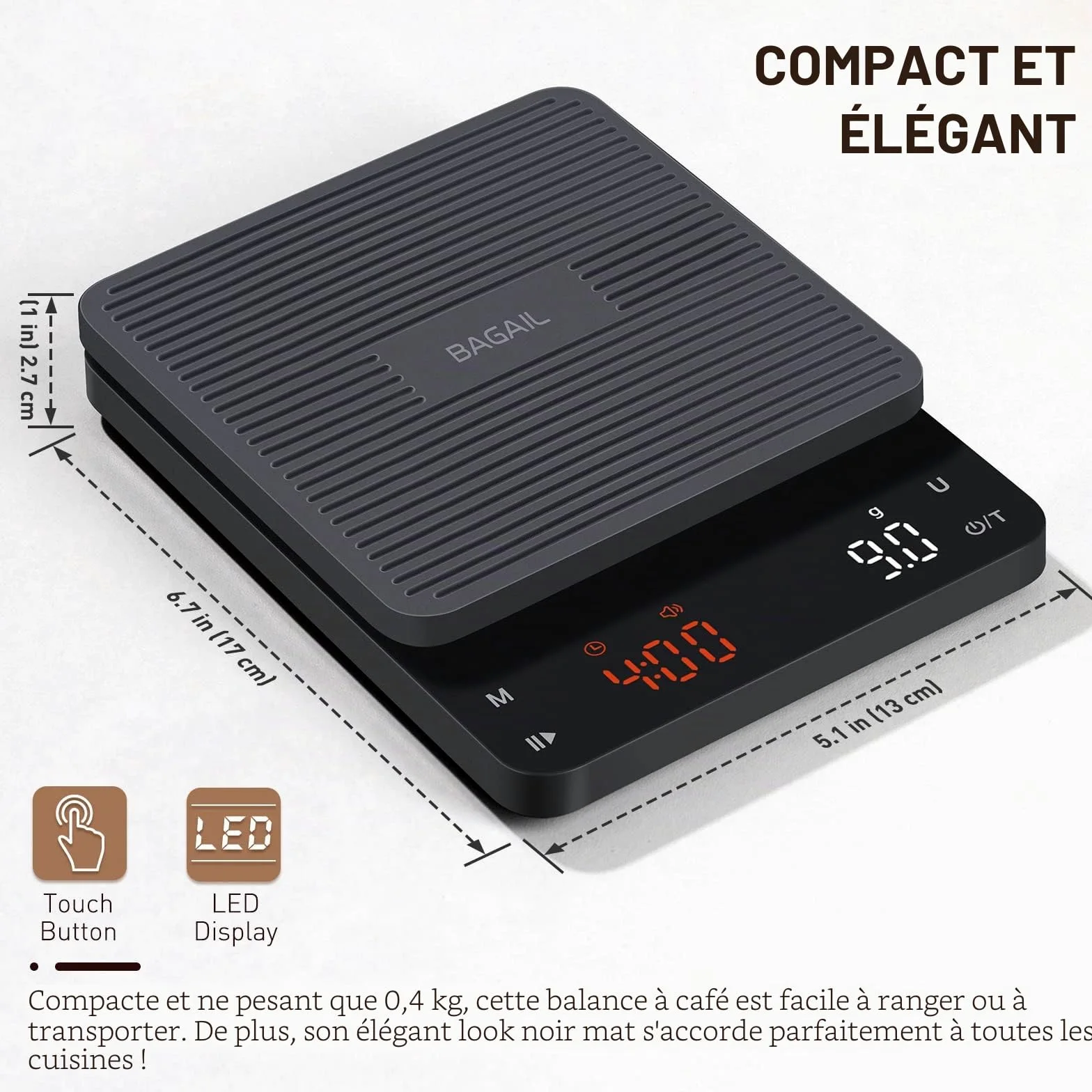 BAGAIL Balance Numérique à Café avec Minuterie, Précision 0.1g, Grand Écran, Tarage Automatique, Boutons Tactiles, Rechargeable pour Café Filtre, Poids Max 3kg