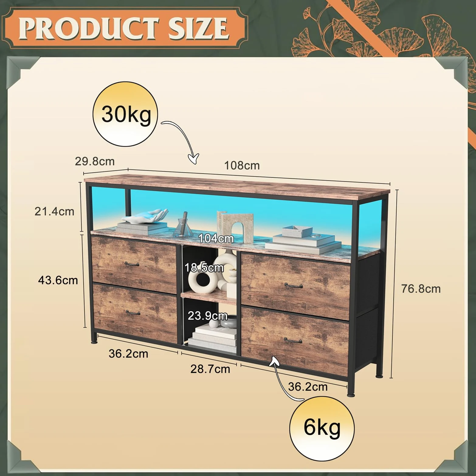 BestAlice Meuble TV Vintage avec éclairage LED, casier avec 4 tiroirs et 3 étagères, Cadre en Fer et Meuble TV à Panneaux de Particules, Pieds réglables en Hauteur(108cm-B)