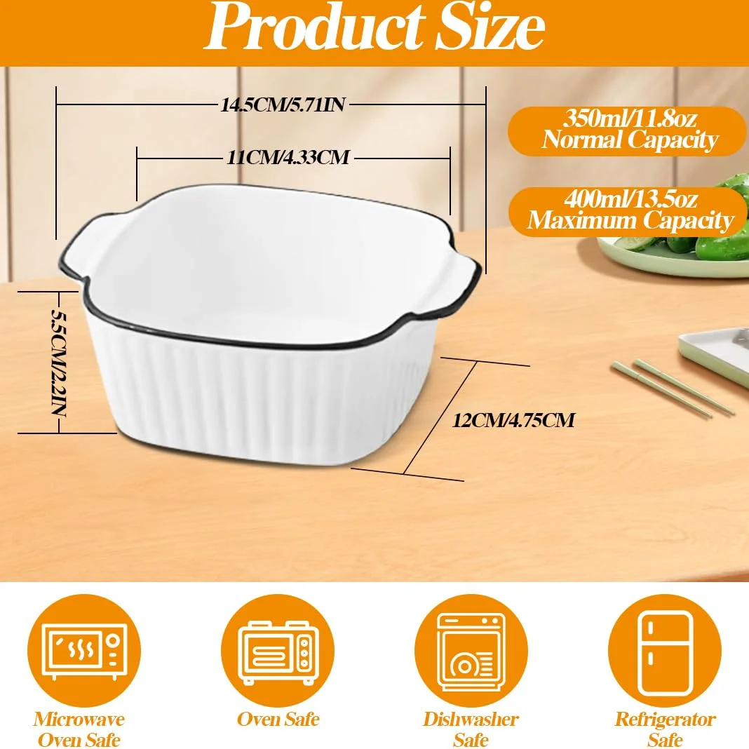 Lot de 4 plats à gratin carrés en céramique - 14,5 x 11,5 x 5,5 cm - Avec poignées - Empilables - Pour friteuse, four et micro-ondes - 400 ml