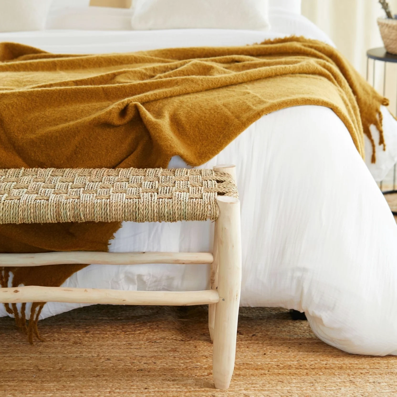 Home Maison - Banc marocain doum tressage Central Bois Naturel 80 x 35 x 35 cm