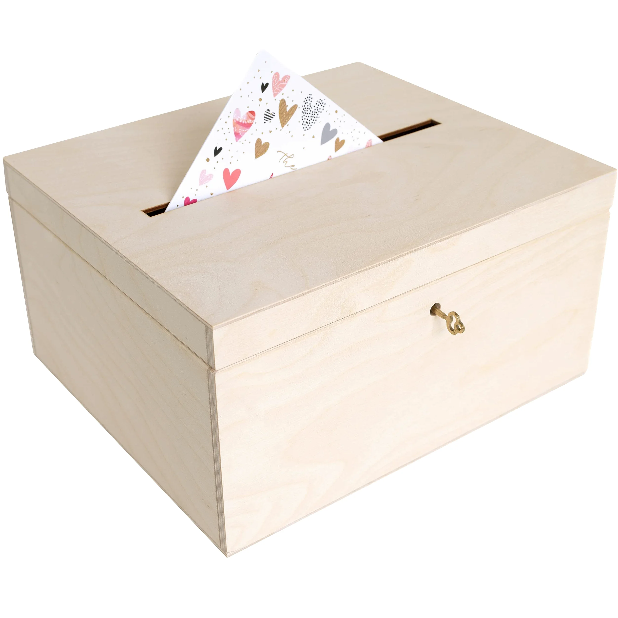 Creative Deco Boite en Bois pour Enveloppes | 29 x 25 x 15 cm | Bois Naturel | avec Couvercle et Clé | Boîte pour Occasions Spéciales | Urne Anniversaire | Mariage | Boite a Souvenirs, Cartes Lettre