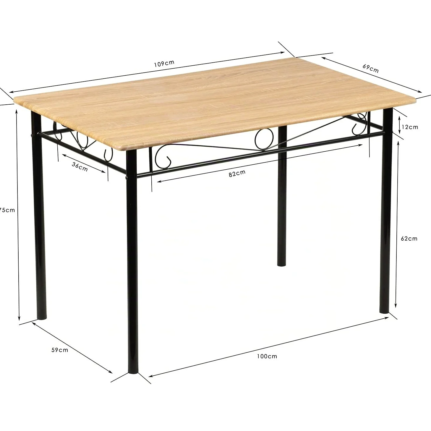 Ensemble Table et 4 Chaises, en Grain de Bois de Hêtre, Pieds en Métal Noir, pour Salle à Manger, Cuisine, Salon