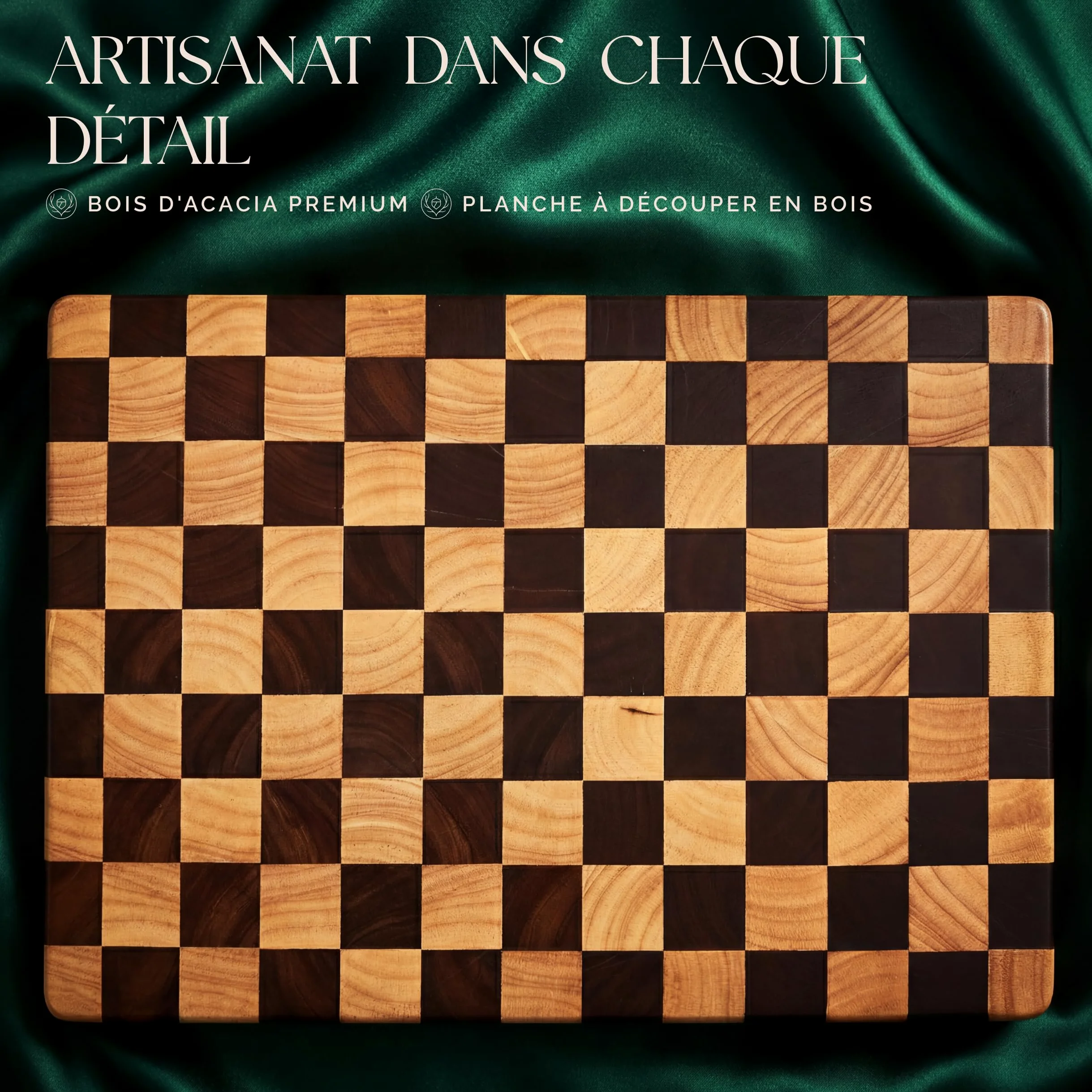 Deer & Oak Planche à Découper en Acacia Bois de Bout Motif Échiquier & Huile Alimentaire – 45 x 31 x 3,5 cm, Bloc Boucher FSC Pré-Huilé avec Poignées, Planche Apéritif