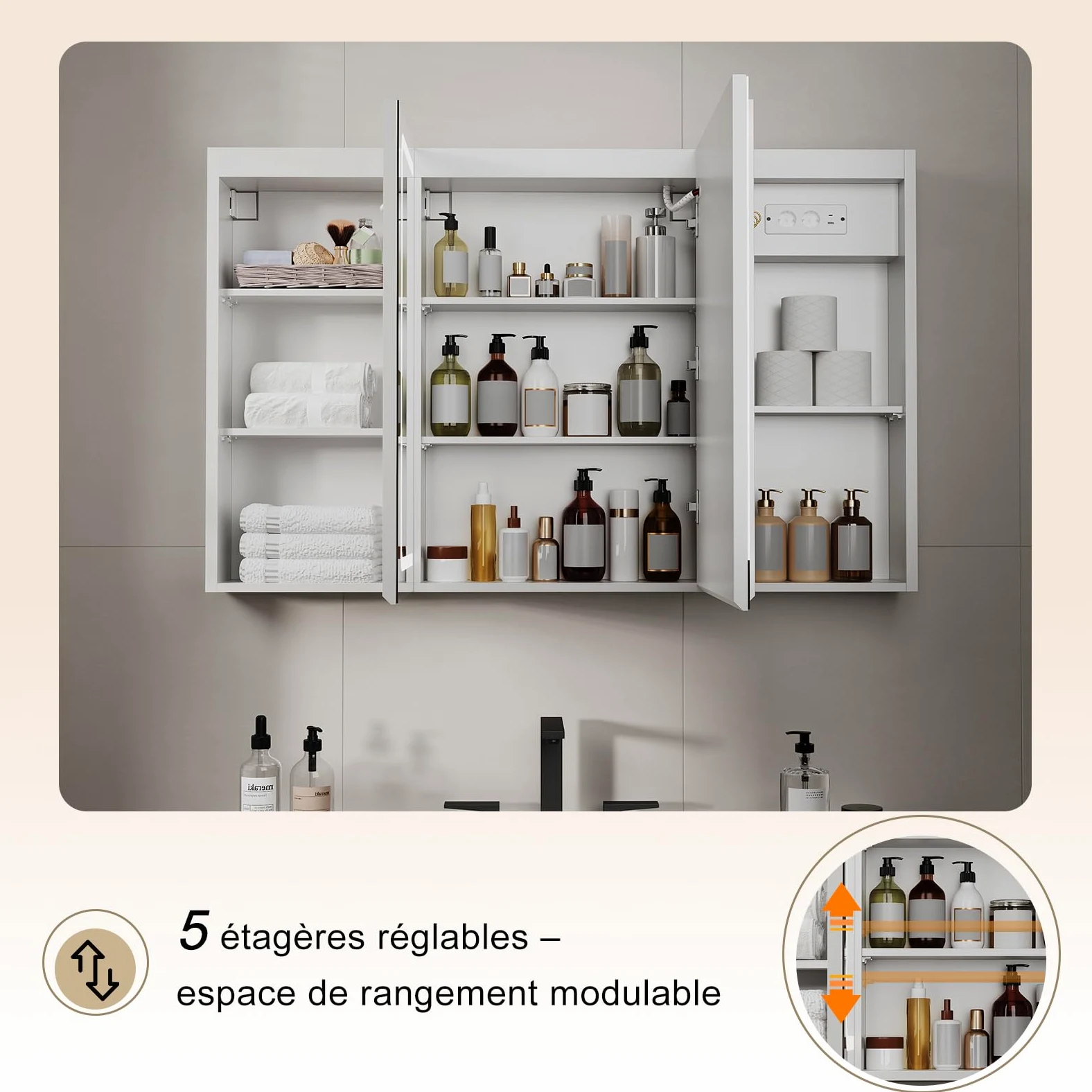 TRIUMPHKEY Armoire de Toilette avec Éclairage, 120 x 75 cm, Design Pliant 3 Panneaux, LED Dimmable, Charnières à Fermeture Douce, Anti-Buée, Prises Intégrées & USB, 5 Niveaux de Rangement