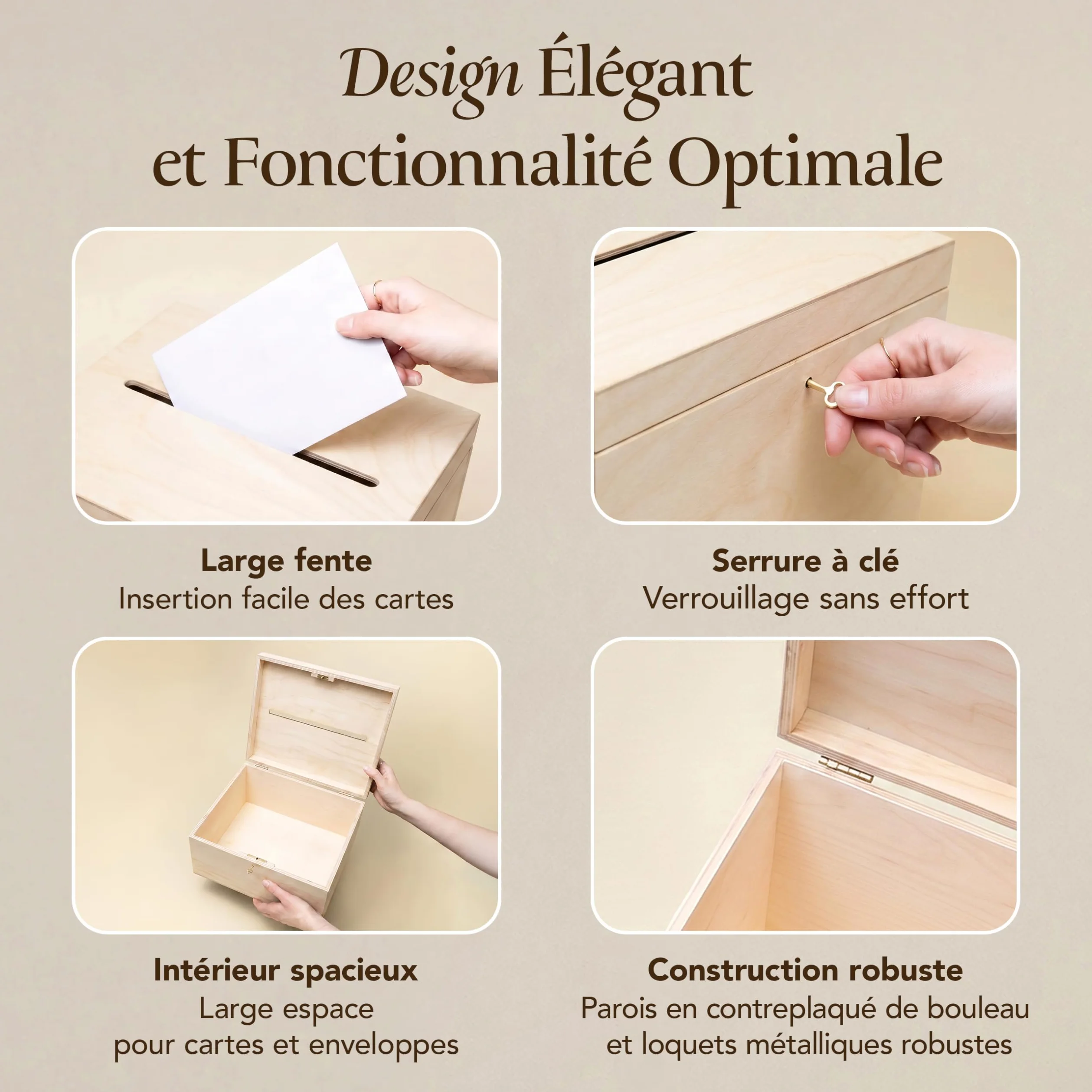 Creative Deco Boite en Bois pour Enveloppes | 29 x 25 x 15 cm | Bois Naturel | avec Couvercle et Clé | Boîte pour Occasions Spéciales | Urne Anniversaire | Mariage | Boite a Souvenirs, Cartes Lettre