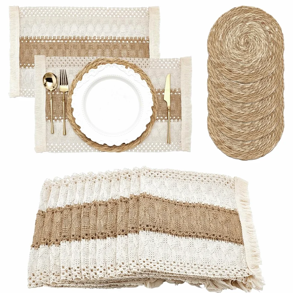 UNICRAFTALE Ensemble de 12 Sets de Napperons Bohème Faits à la Main en Rotin 12 Napperons de Table Rectangulaires avec Frange et 12 Napperons Ronds en Jonc Napperons de Style Ferme Tissés pour Cuisine