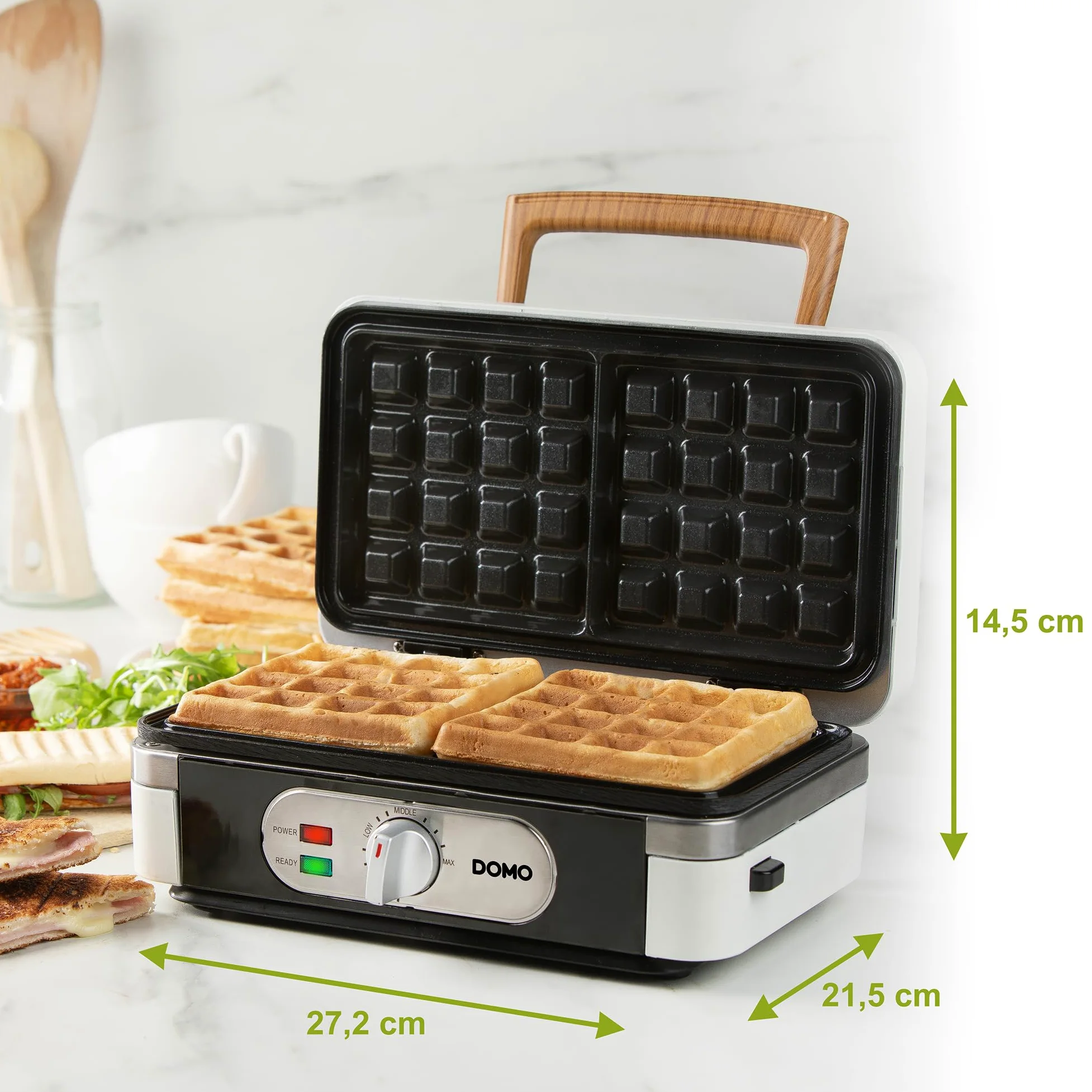 DOMO DO9277C Snackmaker 3 en 1 - Design de luxe en bois - PFAS FREE - Croque-Monsieur, Gaufrier et Gril - Pieds Anti dérapants - Plaques de cuisson interchangeables - 1100W - Blanc Poudré