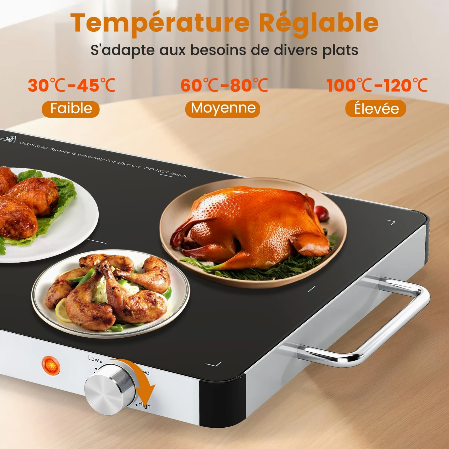 COSTWAY Chauffe Plat Électrique, Plateau Chauffant Électrique, Réchauffeur de Nourriture en Verre Trempé avec Température Réglable, Poignées Anti-Brûlure, pour Fêtes, Buffets, Vacances (40 x 30 cm)