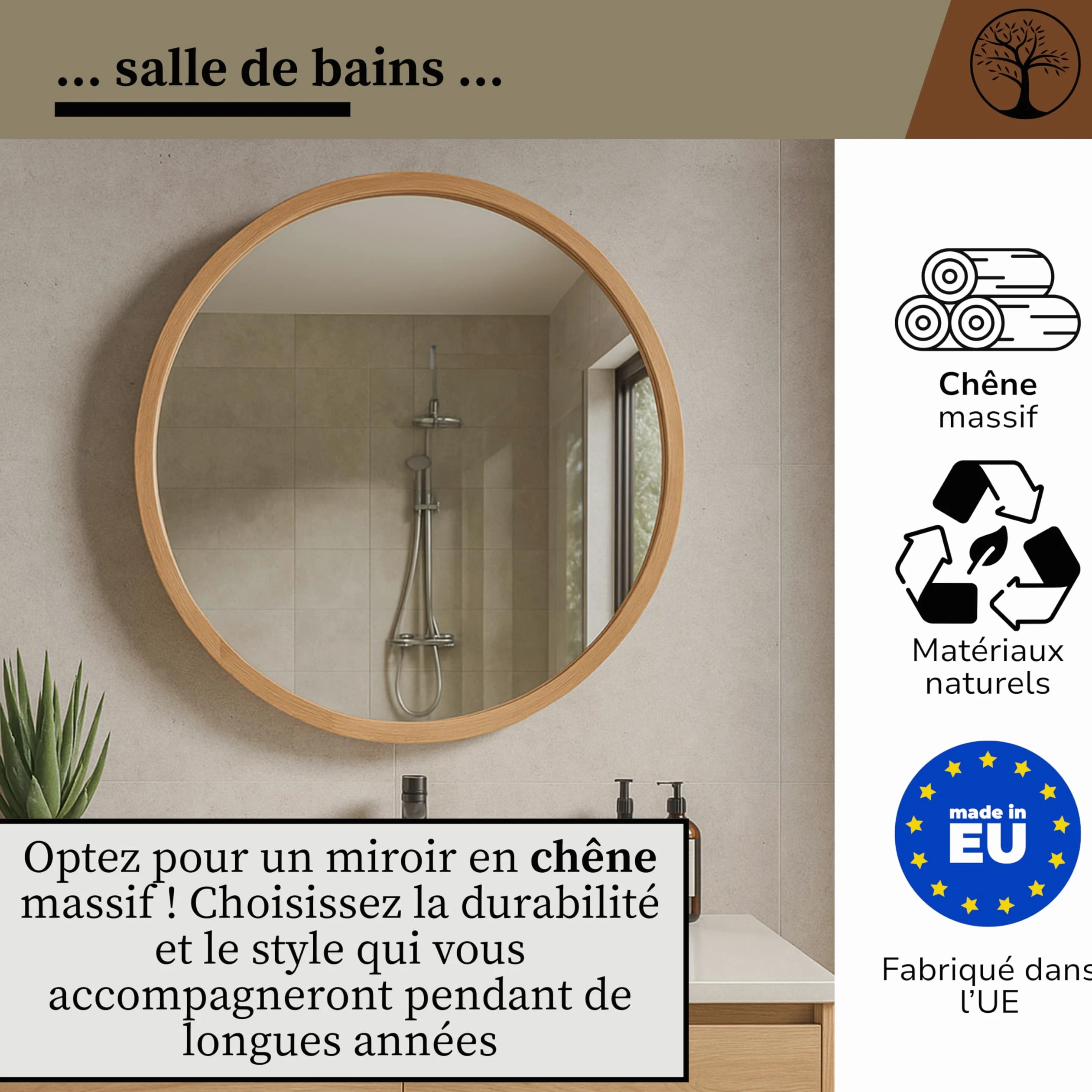 LEJA – Miroir Mural Rond, Cadre en Bois (∅80 cm), chêne – pour Salle de Bain, entrée, Salon, Chambre