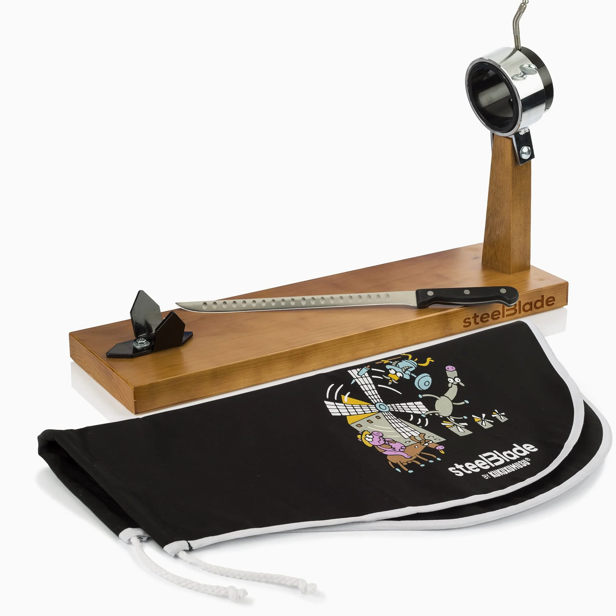 Support à jambon rotatif à 360° en bois laqué + couvre-jambon Kukuxumusu + couteau à jambon 28 cm - Fabriqué en Espagne - 2 positions pour jambon et palettes (011132)