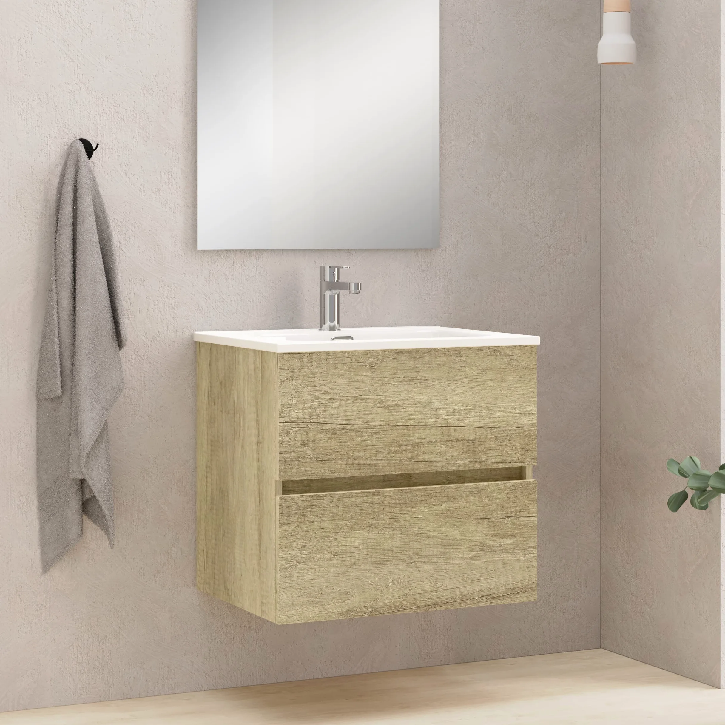 Baikal Meuble de Salle de Bains, Armoire Suspendue avec Vasque en Ceramique, Hauteur 55 cm, Largeur 60 cm, 2 Tiroirs, Finition Nature, Meuble Monte