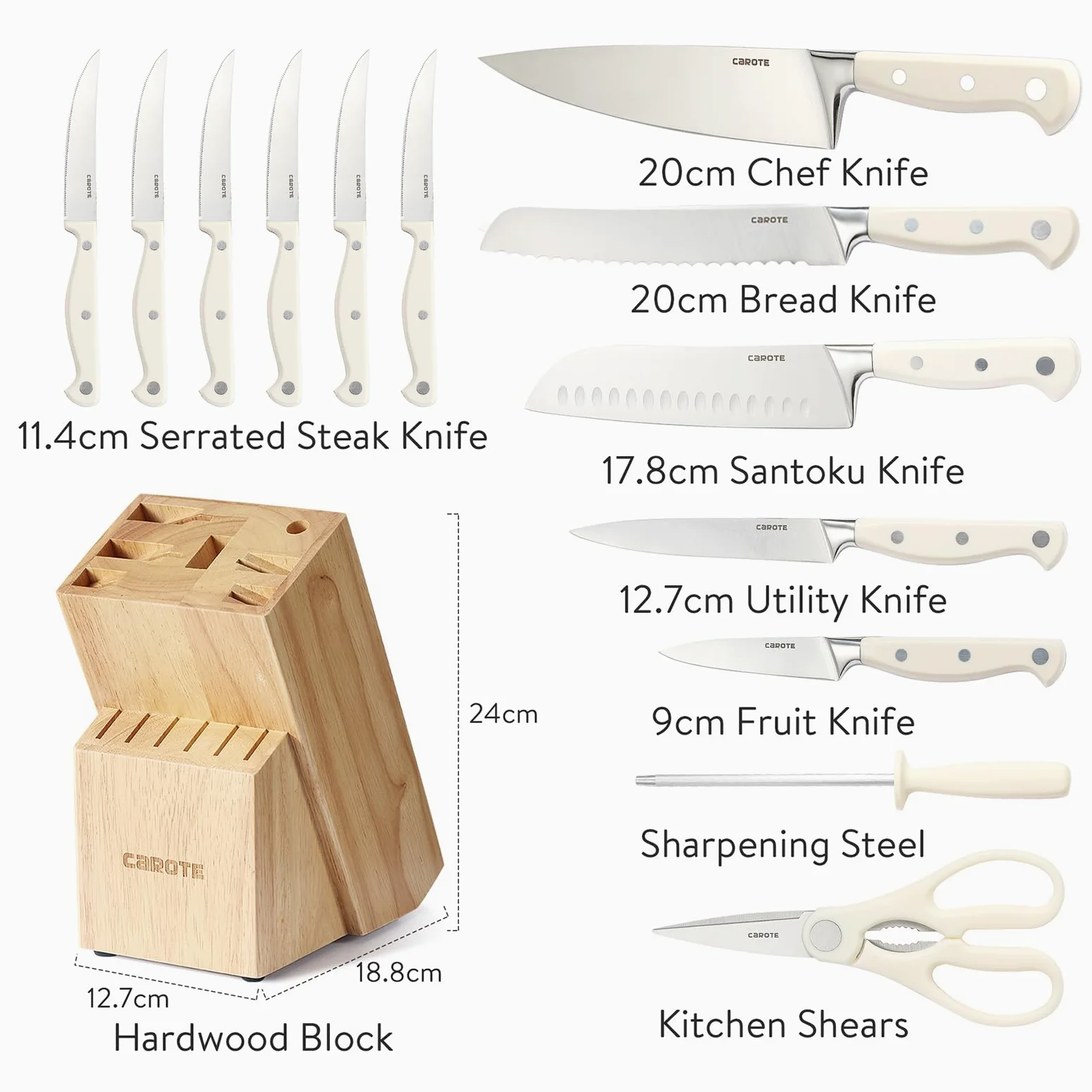 CAROTE 14 Pièces set Couteau Cuisine Professionnels en Acier Inoxydable, avec Bloc Couteaux en Bois, Compris Couteaux à Steak, Couteau de Chef,etc