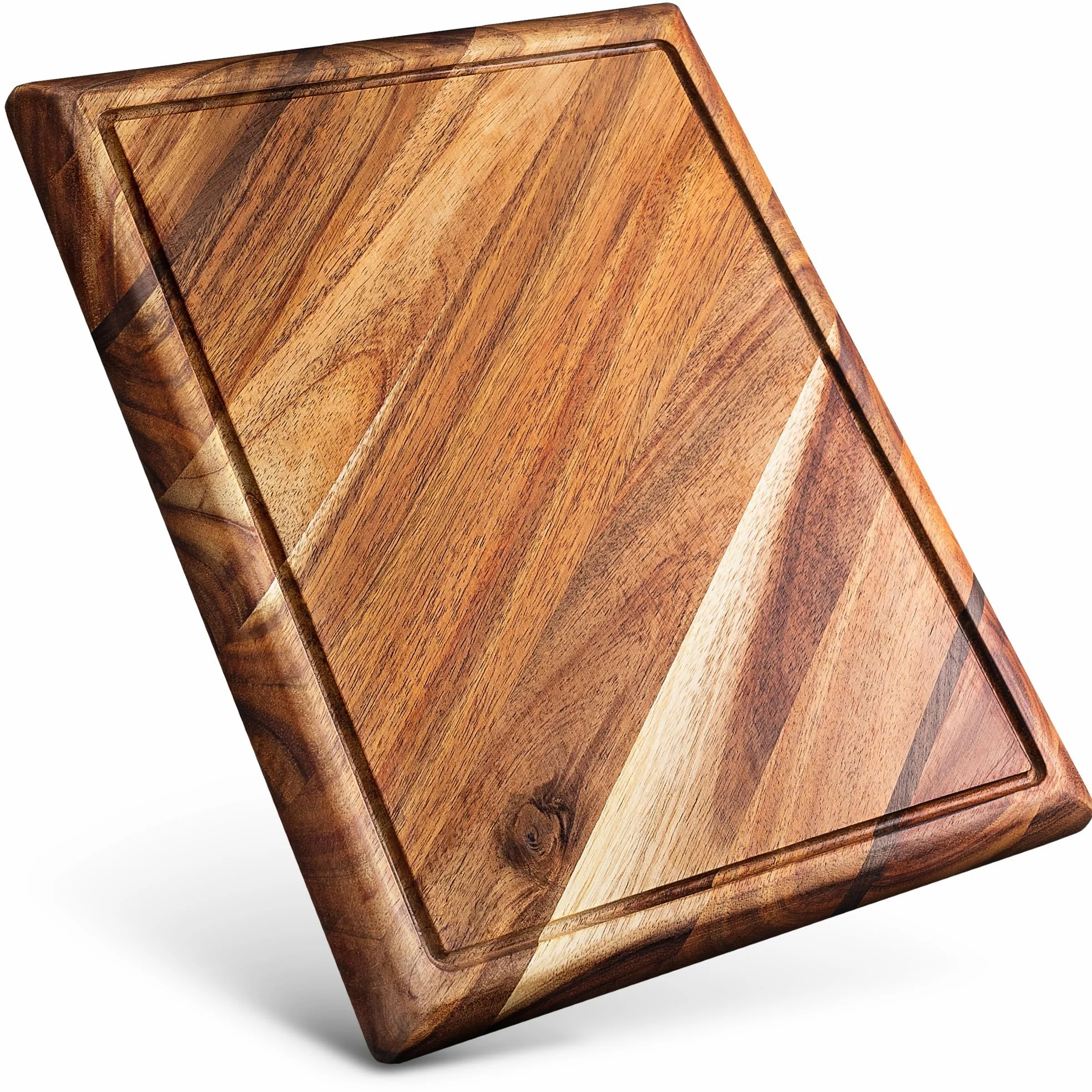 Planche à Découper Bois Contour - Grande Planche a Decouper en Acacia en Bois Durable, avec rainure pour les liquides - Peut être utilisée comme planche de service, 4 compartiments - 43 x 33 x 3,8