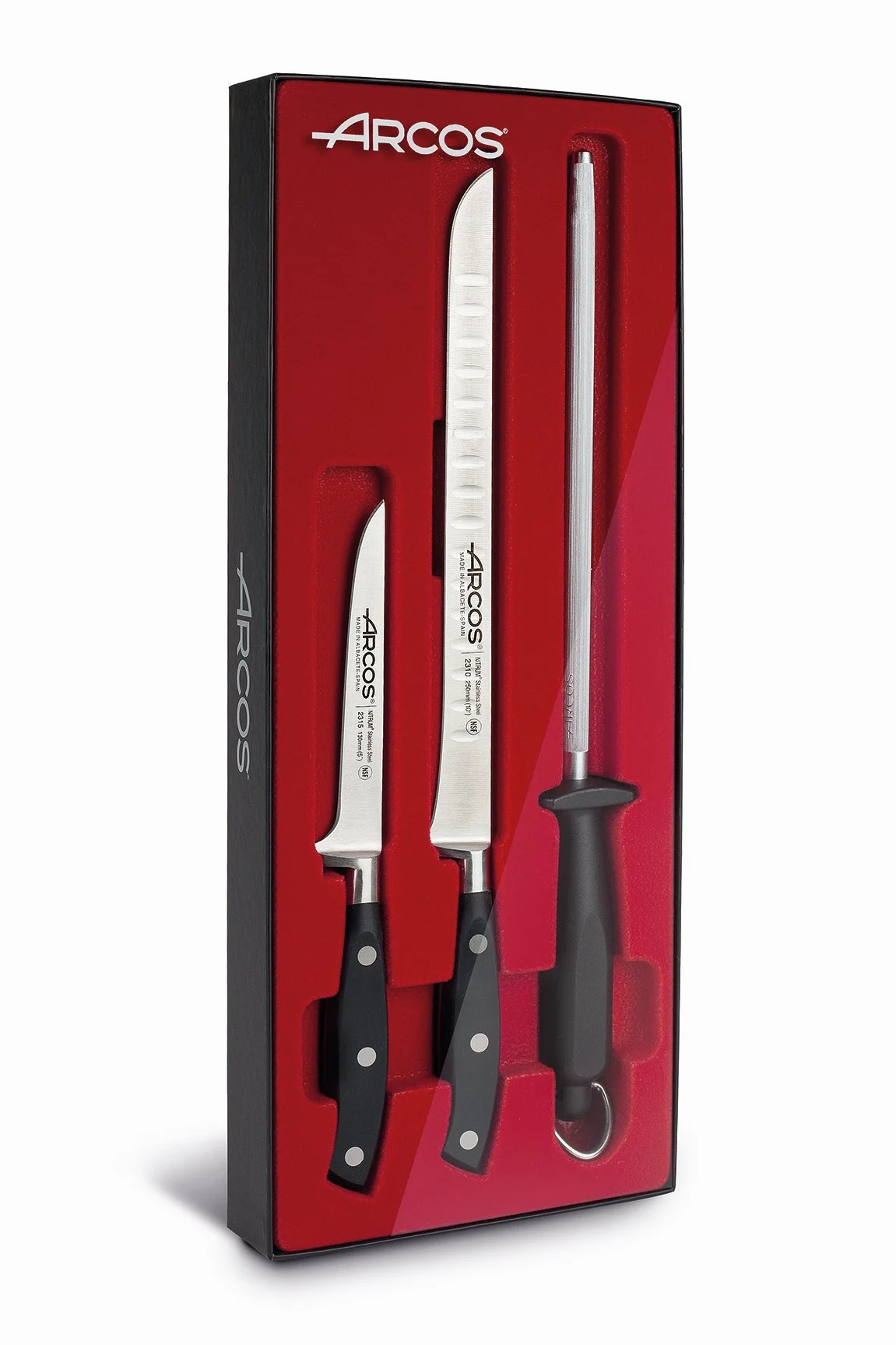 Arcos Série Riviera, Set à Jambon 3 pièces, 1 Couteau à Jambon + 1 désosseur + 1 Fusil, Lame en Acier Inoxydable forgé Nitrum, Manche en polyoxyméthylène, Pompe, Couleur Noire