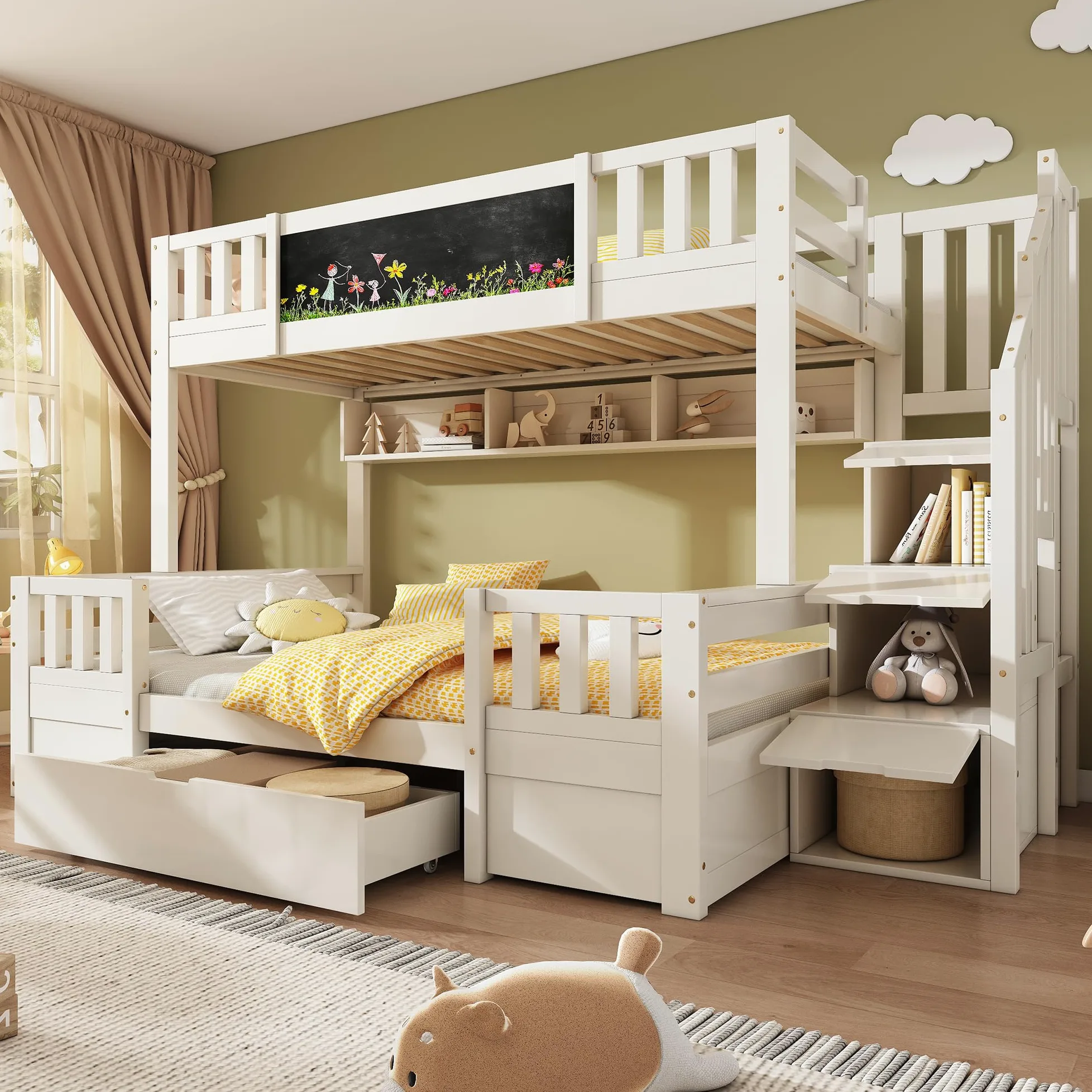 Sapgaks Lit superposé Enfants en Bois Massif 90/140x200 avec Tableau Noir, échelle de Rangement, 2 tiroirs,lit Enfant,Cadre de lit 2 Personne avec Garde-Corps et sommier à Lattes (A-Blanc)