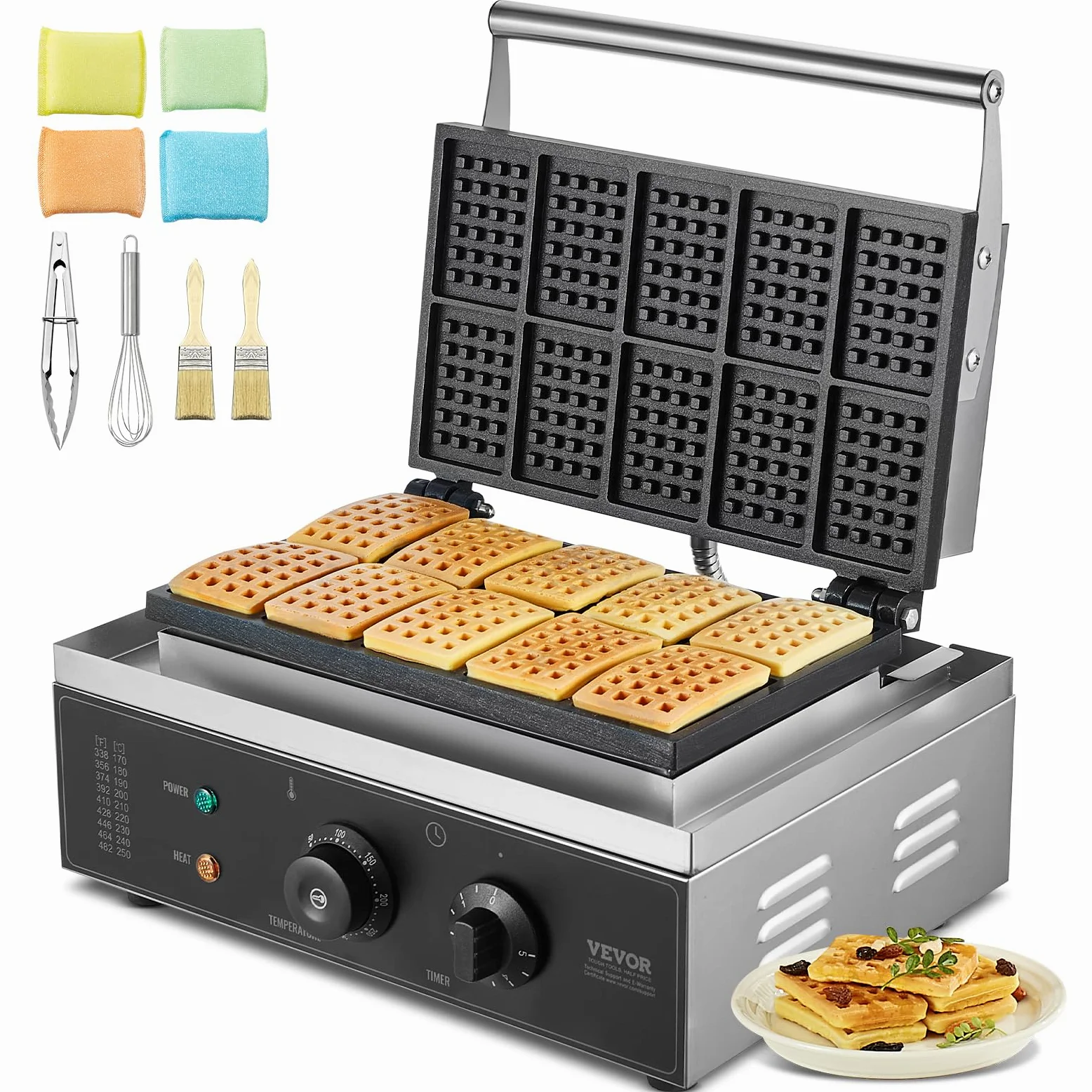 VEVOR Gaufrier Commercial 1550 W, Appareil à Gaufres Belges Rectangulaires, Capacité 10PCs, en Acier Inoxydable, Antiadhésif, avec Contrôle de la Température et du Temps, Boulangerie, Snack-bar