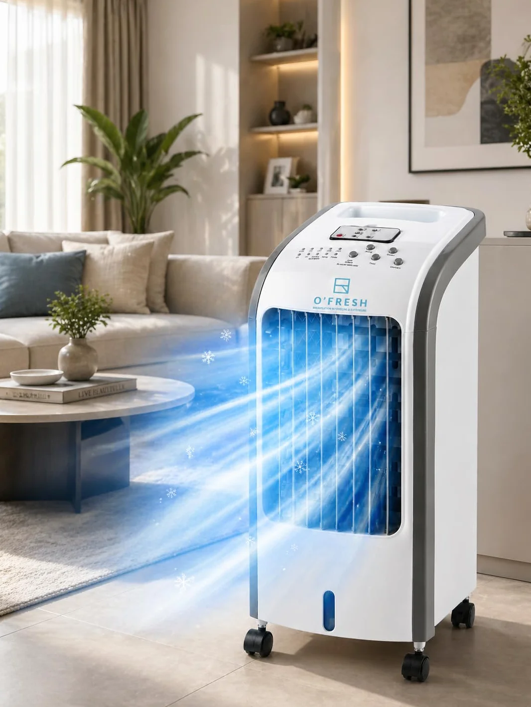 O'FRESH Rafraichisseur d'air silencieux - Portable grace à ses roulettes - Ventilateur à évaporation, rafraichit instantanément - Télécommande - Timer - Assainit l'air ambiant des polens et poluants