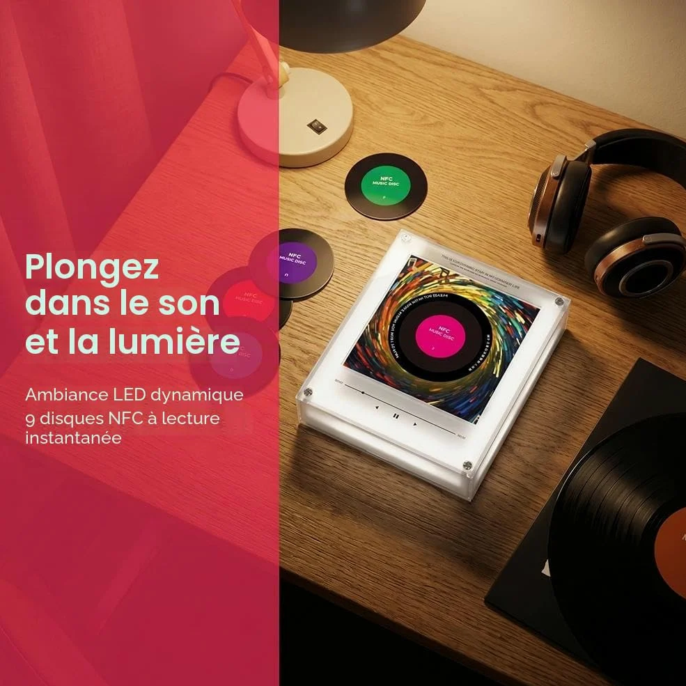Autocollants magnétiques pour réfrigérateur NFC à induction chantante, lecteur de disques vinyles rotatif intelligent mini jukebox, pack de 9 autocollants audio programmables avec lumière