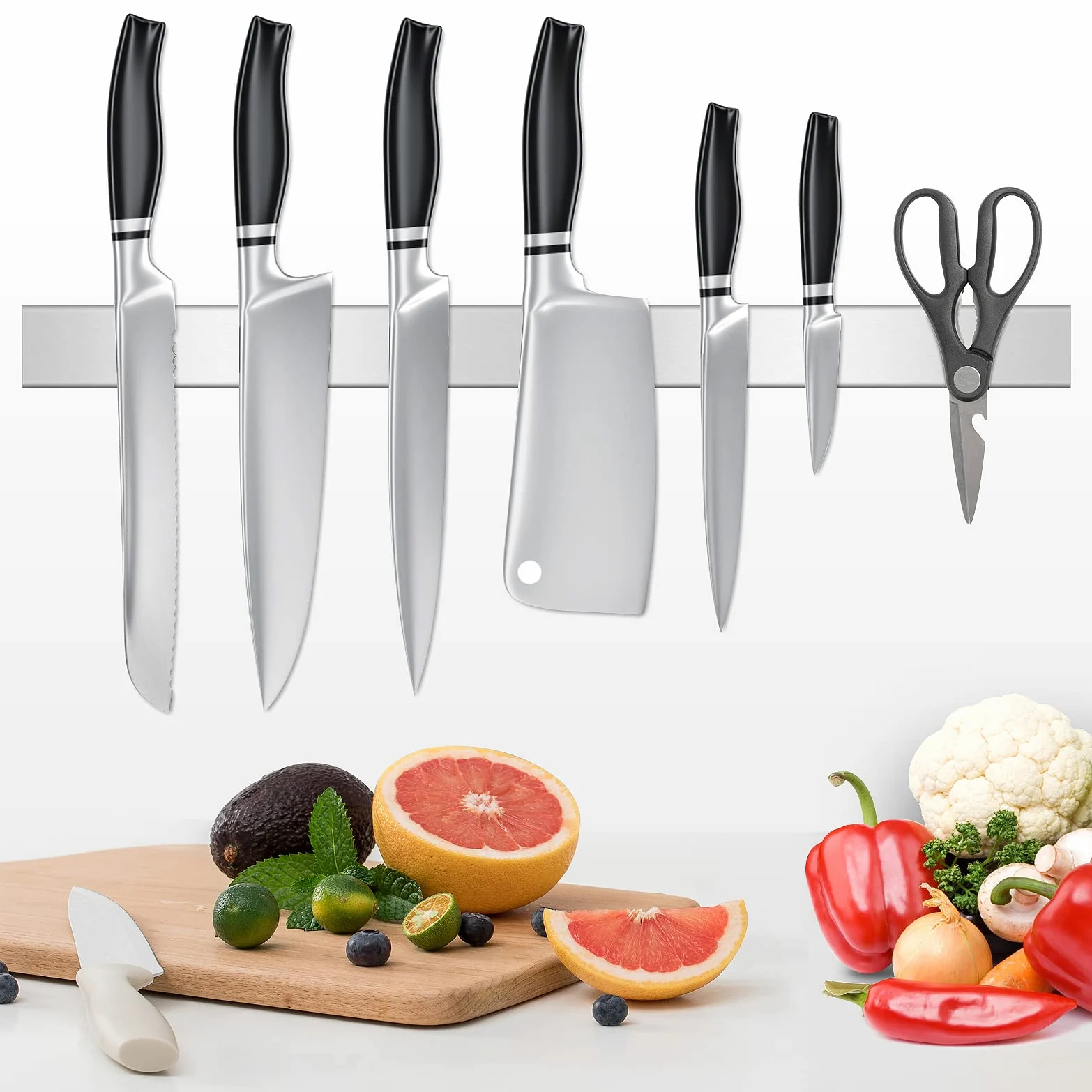 Porte-couteaux magnétique autocollant en acier inoxydable - 50 cm - Barre magnétique - Support de couteau de cuisine - Tenture murale - Protection des couteaux - Deux possibilités de collage et