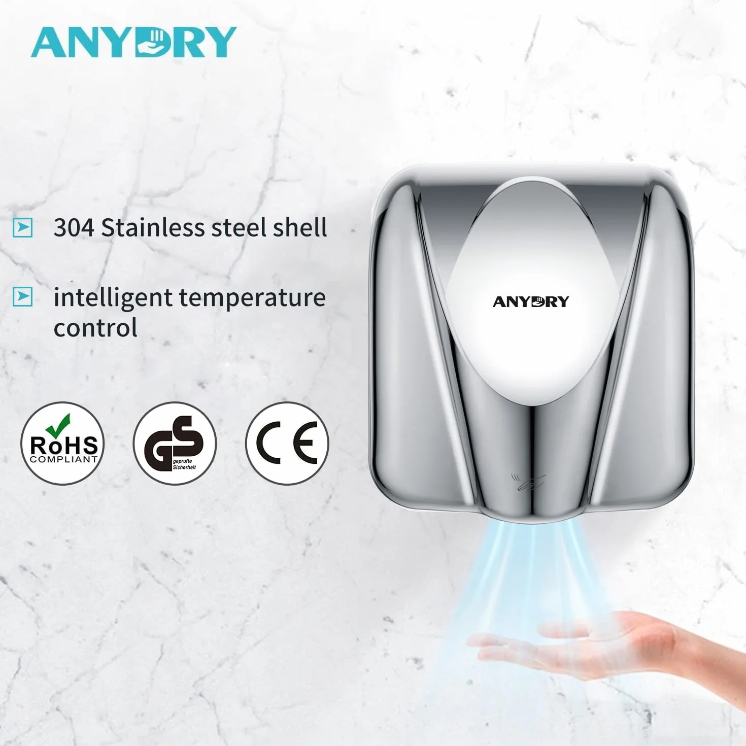 anydry 2812 capteur Automatique seche Main Electrique Professionnel Design élégant Finition en Acier Inoxydable séchage Rapide 7-10 Secondes 220V-240V.1650W(Brillant)