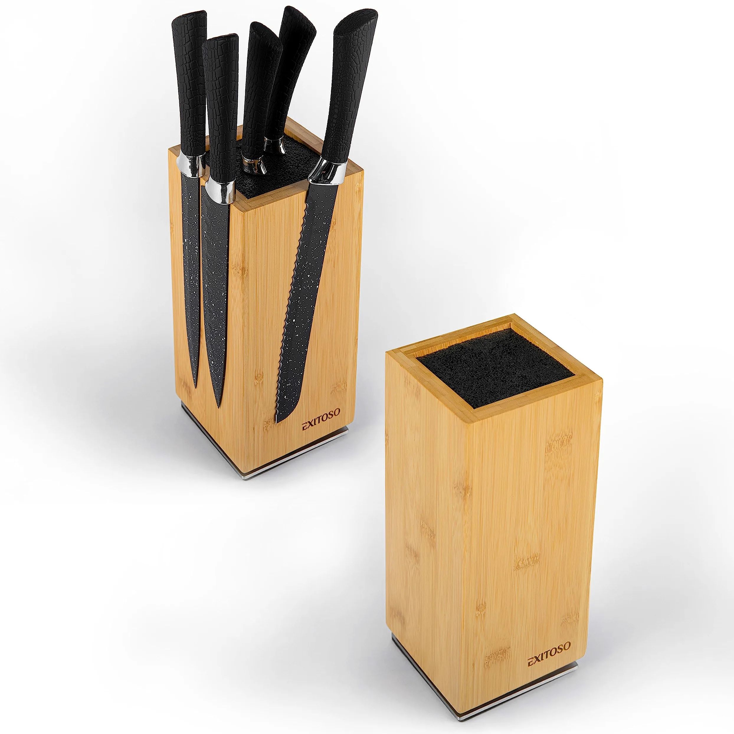 Exitoso NOUVEAU bloc à couteaux en bambou, rotatif à 360 degrés avec aimants à l'extérieur et insert en poils amovibles - espace pour jusqu'à 20 couteaux | rangement sécuritaire des couteaux