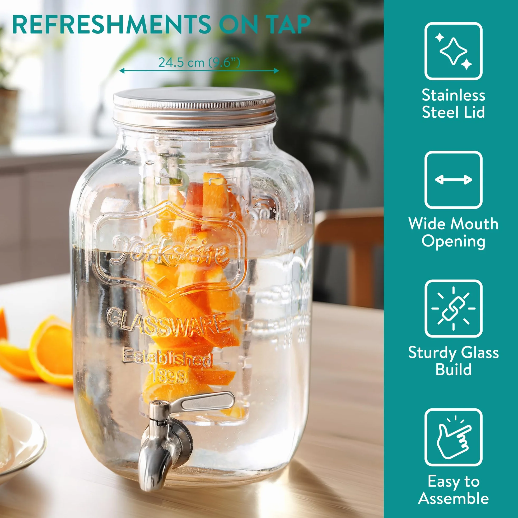 Navaris Distributeur de Boissons avec Robinet - Distributeur Boisson 8 L en Verre avec Couvercle et 2X Insert - Fontaine Eau Cocktail Jus Alcool