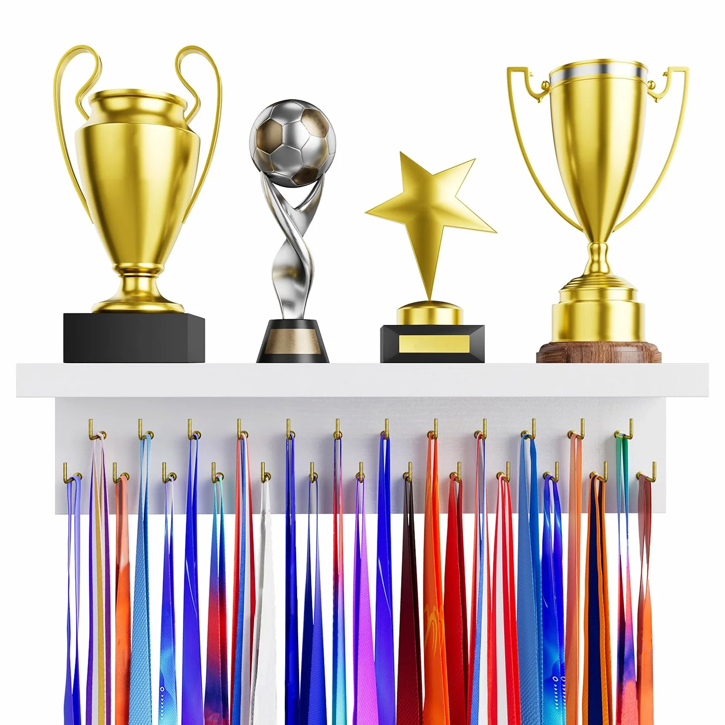 Porte-médailles, étagère pour trophées, étagère en Bois Robuste avec 25 Crochets en Acier, Support Mural pour médailles de Course et trophées
