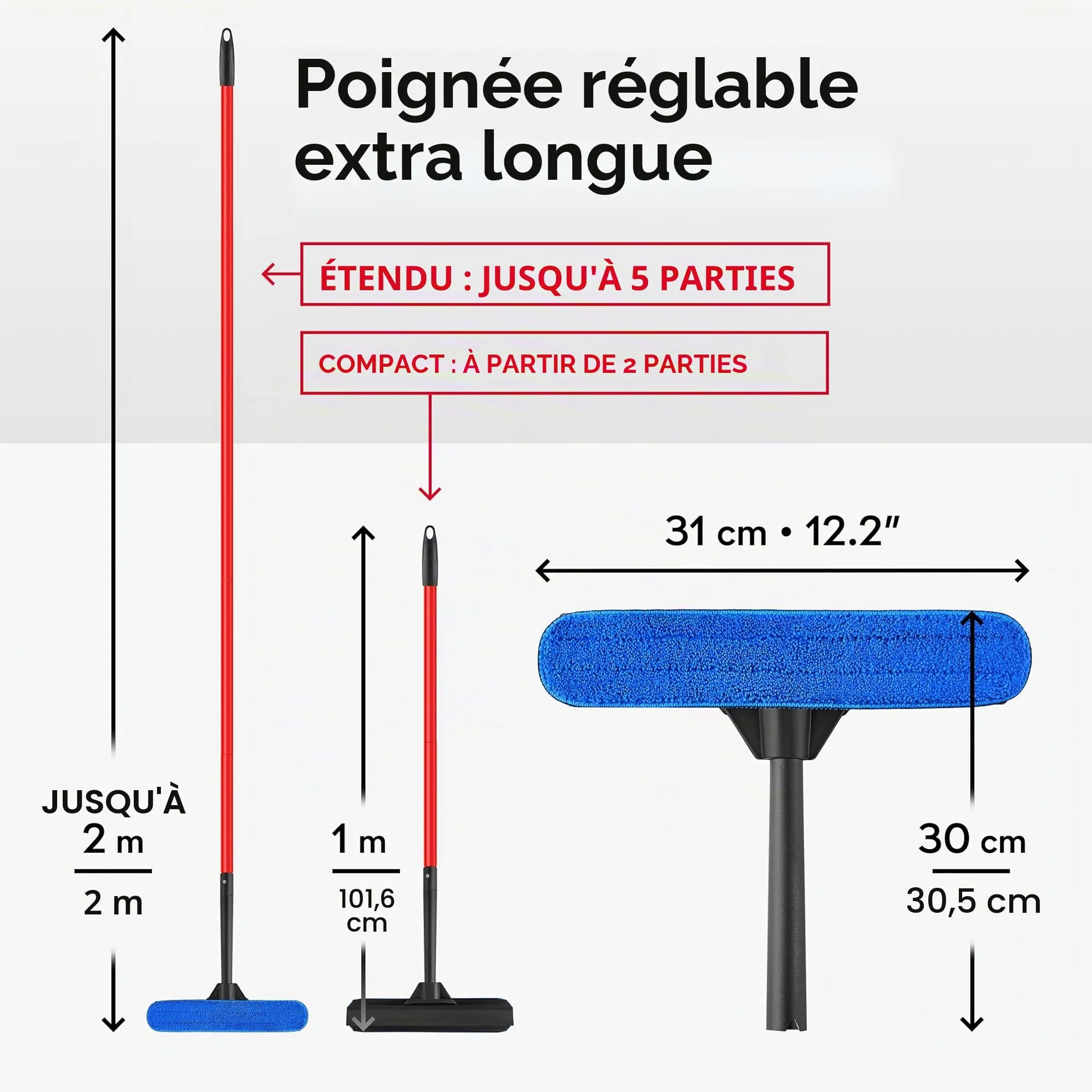 Tyroler Raclette Vitre Professionnel Nettoyage Vitre | 30 à 205cm Lave Vitre Manche Télescopique Nettoyant Vitre | Kit Nettoyage Vitre 2 en 1 | Perche Télescopique Nettoyage Parfaite