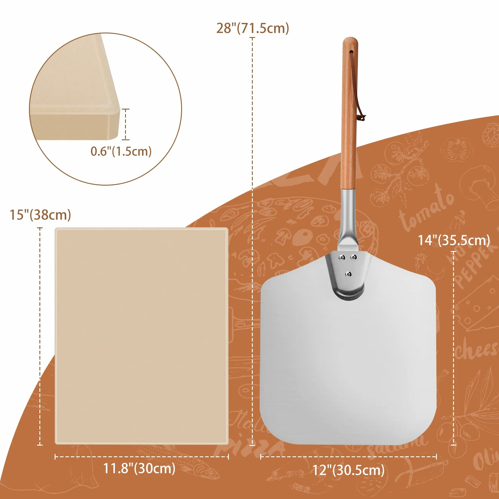 Mimiuo Pierre à Pizza avec Pelle, Kit Pierre Pizza Rectangulaire 38x30 cm et aluminium Pelle à Pizza 71,5cm- ensemble d'outils à pizza pour Four & gril à gaz et barbecue à charbon