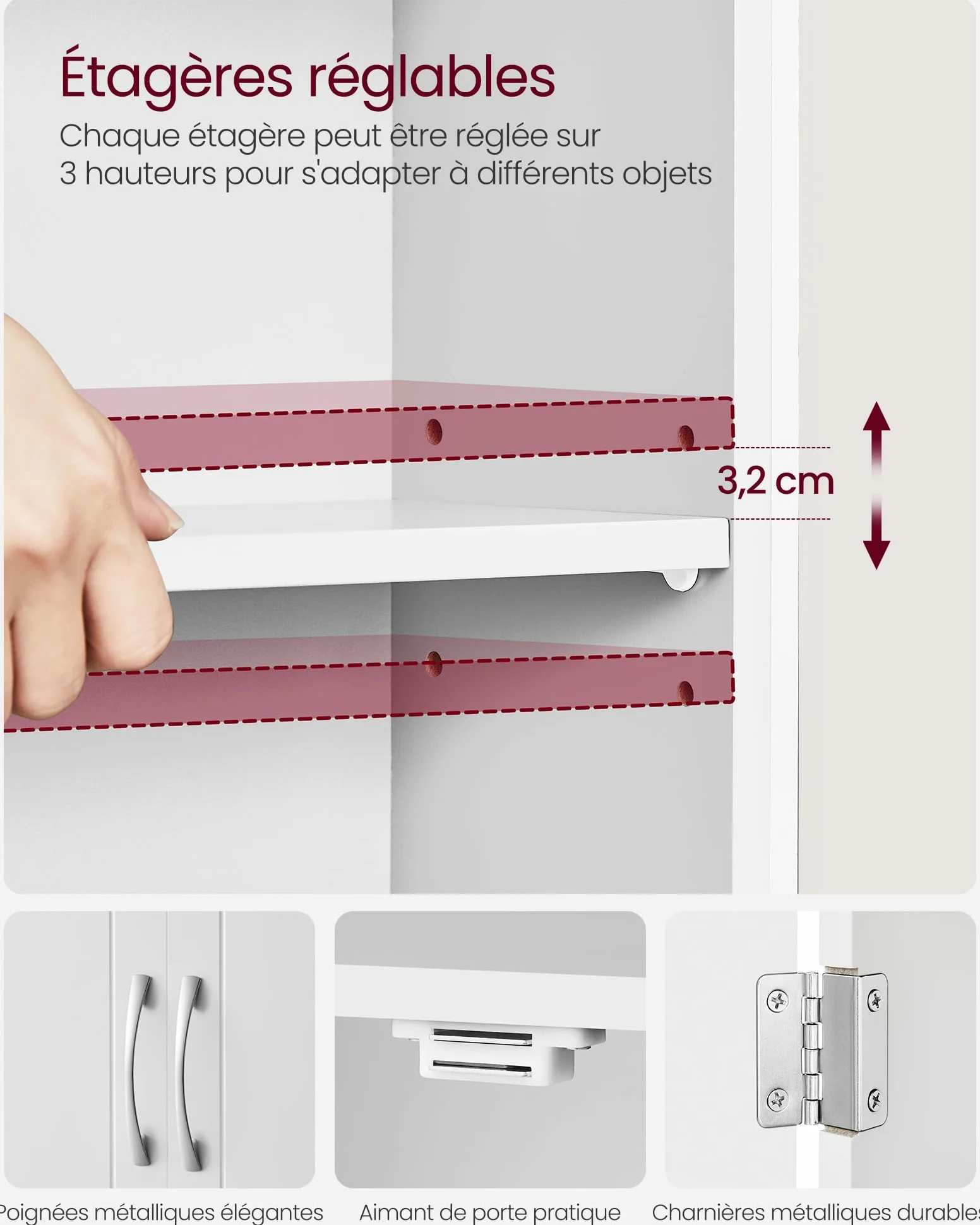 VASAGLE Armoire Murale pour Salle de Bain, Placard de Rangement Mural pour Salle de Bain, 30 x 60 x 60 cm, Armoire à Pharmacie avec Étagères Réglables, Blanc Nuage BBC321W01