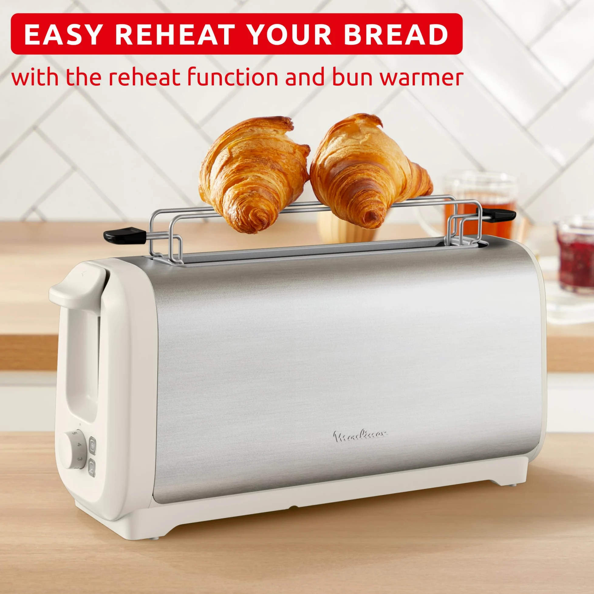 Moulinex Subito, Grille-pain longue fente avec chauffe-viennoiseries, Dorage plus rapide, Économies d'énergie, Rise et inox, LS5S1AE0