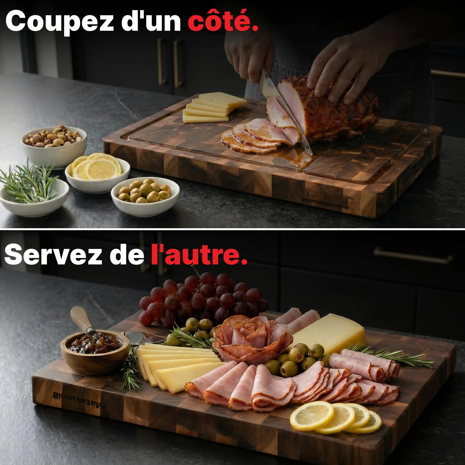 Matakumi Planche à Découper Bois - Planche de Cuisine en Bois d’Acacia avec Poignées Latérales, Rigole à Jus et Bois de Bout pour Préserver les Lames de Couteaux - Double Face (40 x 30 x 3 cm)