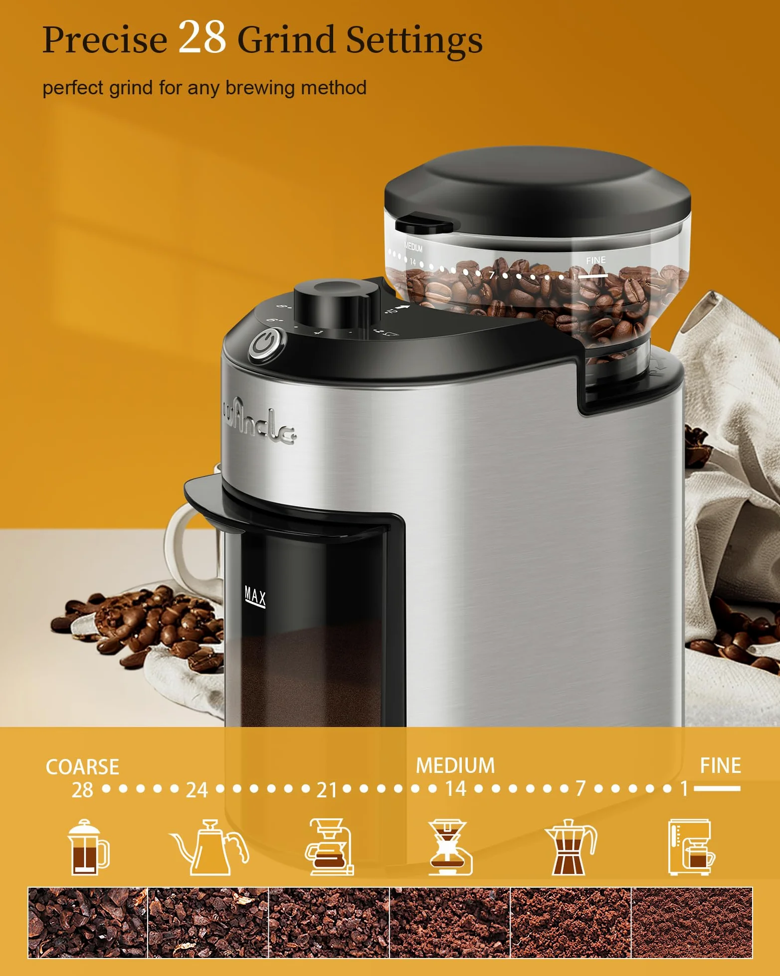 Moulin à Café à Meule Wancle 200W avec 28 Réglages de Mouture, Protection Contre la Surchauffe, Capacité de 2 à 12 Tasses, Design Compact pour un Rangement Facile, Acier Inoxydable, 220V
