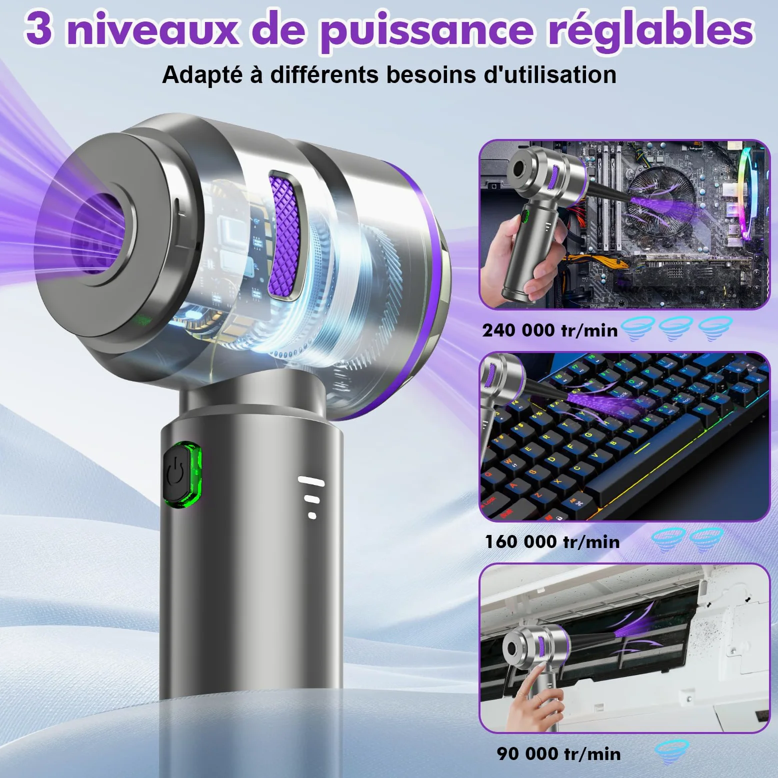 Aspirateur Voiture 4 en 1 Puissant 28000 PA Aspirateur à Main sans Fil 3 Vitesses 240 000 TR/Min pour Voiture, Cuisine, PC, canapé, Bureau, Maison et Nettoyage des Poils d'animaux