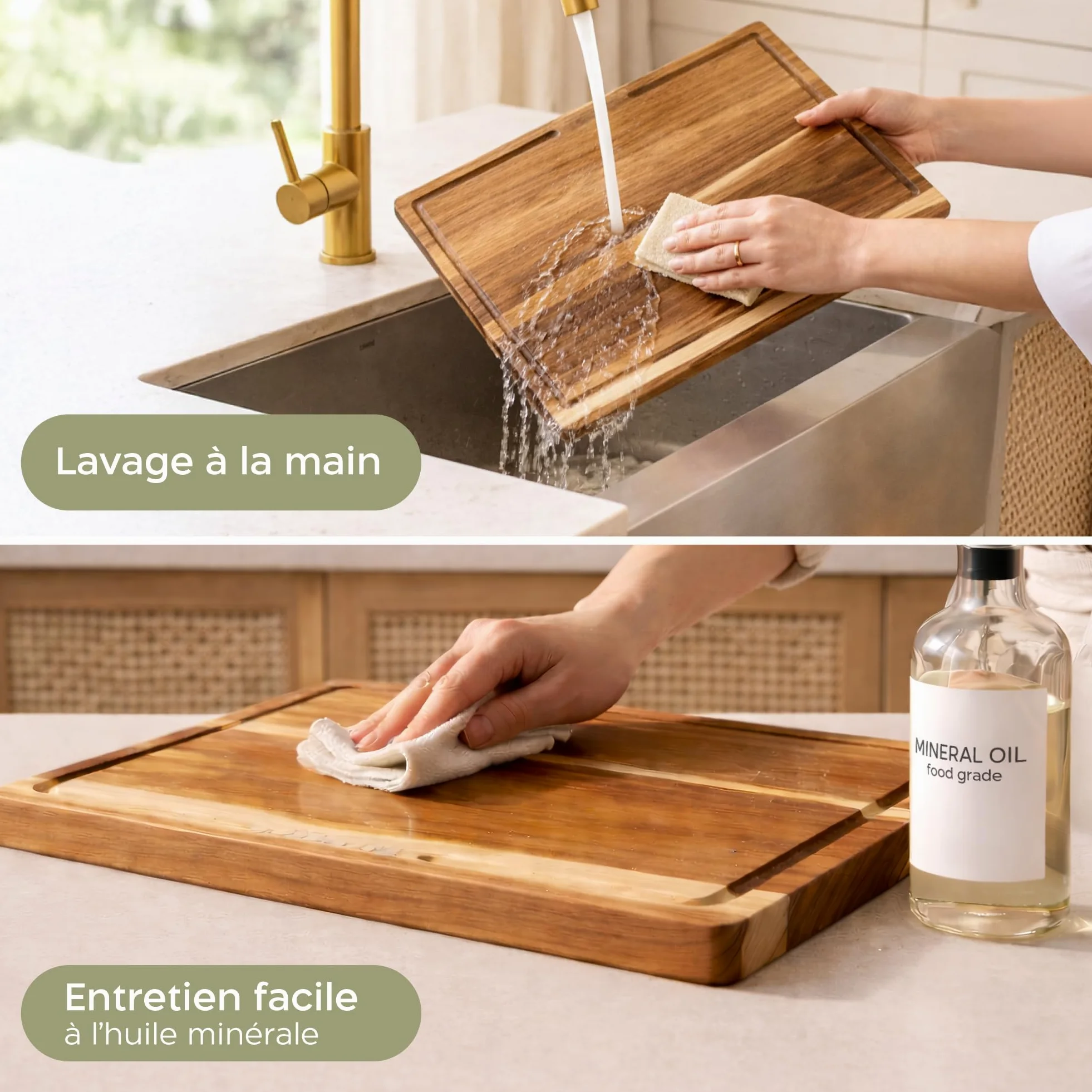 Twinzee 3 Planche a Decouper (40 x 30/33 x 24/26 x 18 cm) en Acacia Massif - Planche a Decouper Bois avec Support, 2cm d'Epaisseur, avec Rainure a Jus