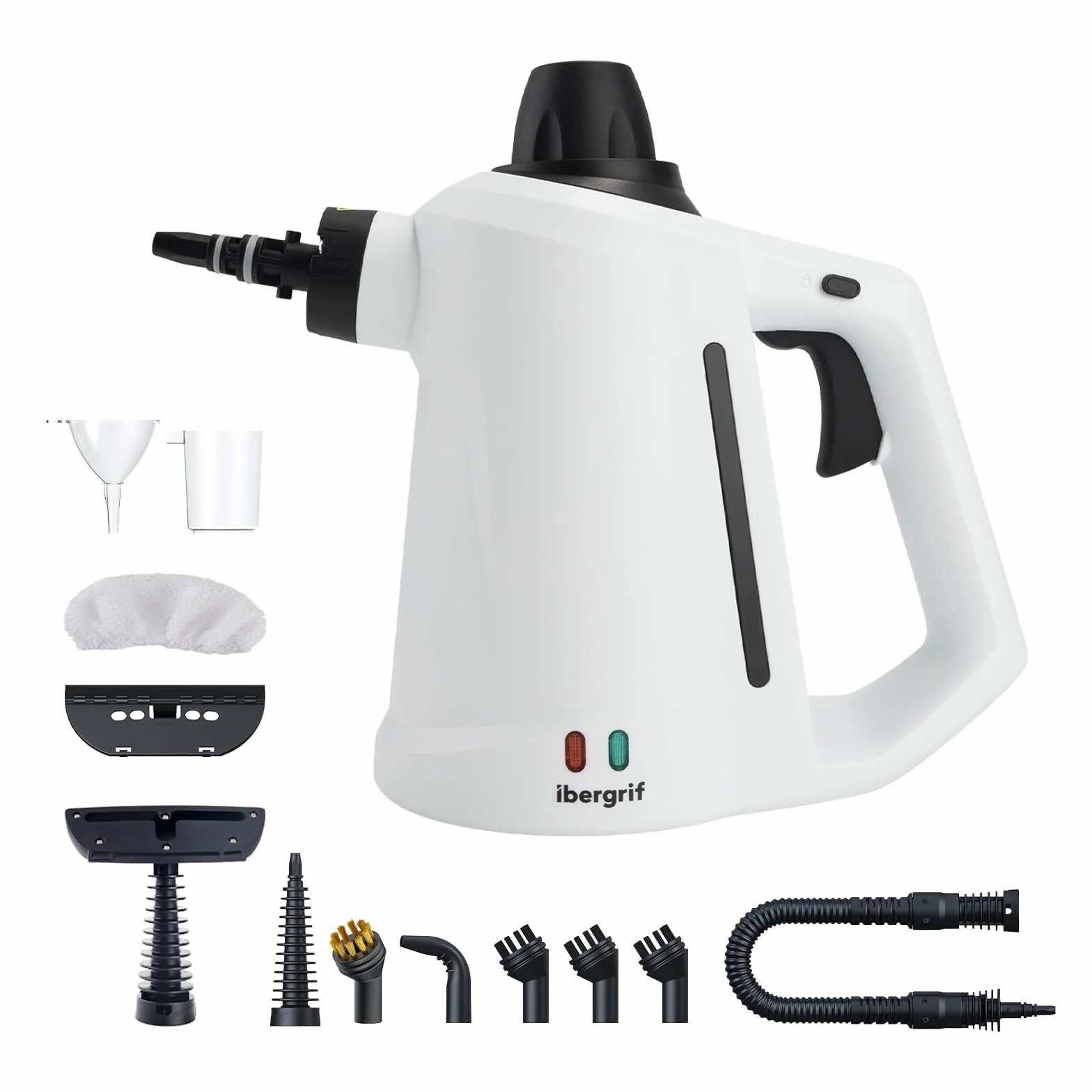Ibergrif Nettoyeur Vapeur Portatif, 1050W avec 12 Accessoires, 3 Bar Haute Pression, Solution Sans Produits Chimiques, pour Canapé, Cuisine, Joints et Vitres, 350ml, Blanc