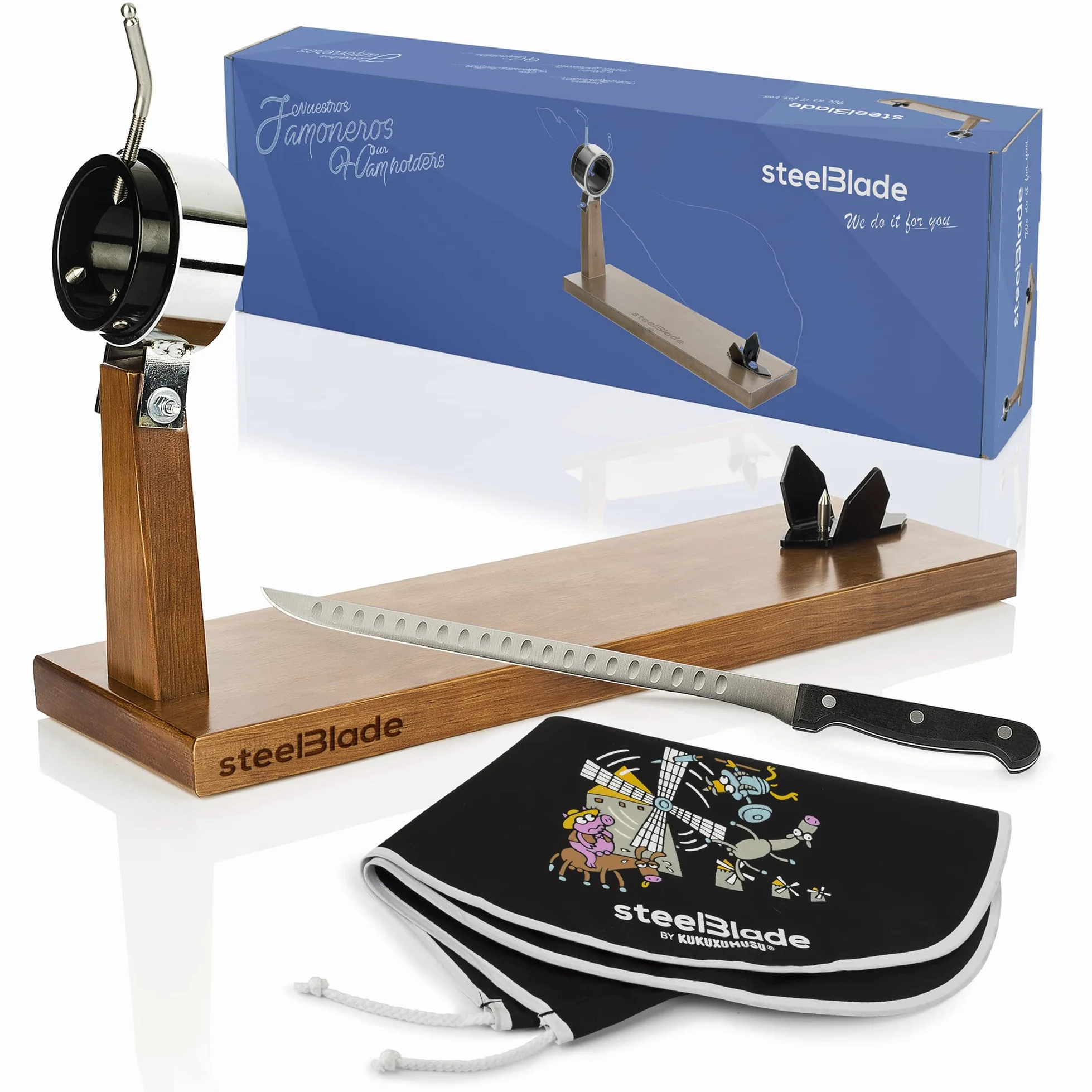 Support à jambon rotatif à 360° en bois laqué + couvre-jambon Kukuxumusu + couteau à jambon 28 cm - Fabriqué en Espagne - 2 positions pour jambon et palettes (011132)