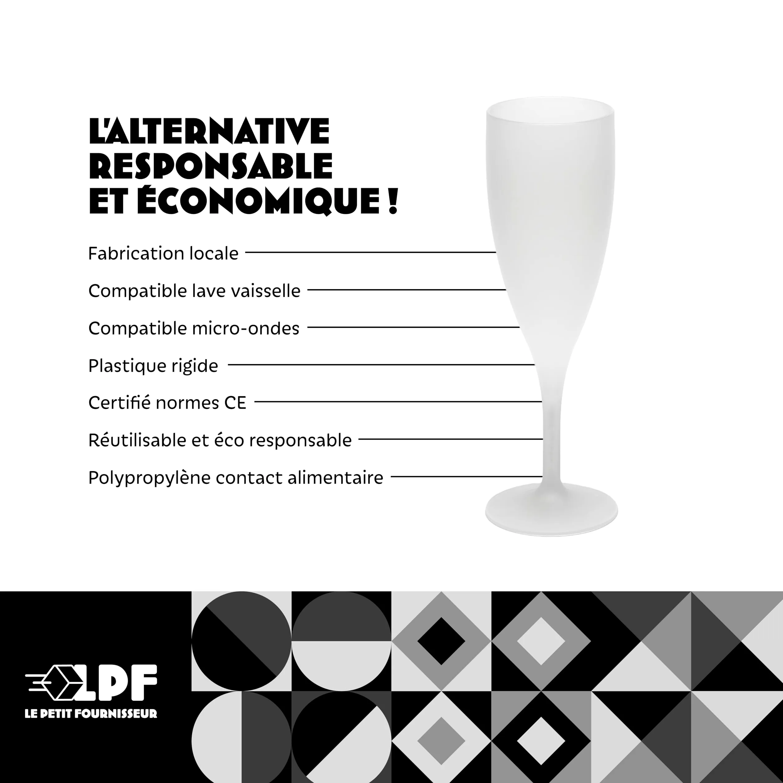 LPF LE PETIT FOURNISSEUR - Lot de 50 Flûtes à champagne réutilisables 12cl (15cl max) - Polypropylène plastique alimentaire - Verre à champagne durable - Compatible lave-vaisselle - Couleur givrée