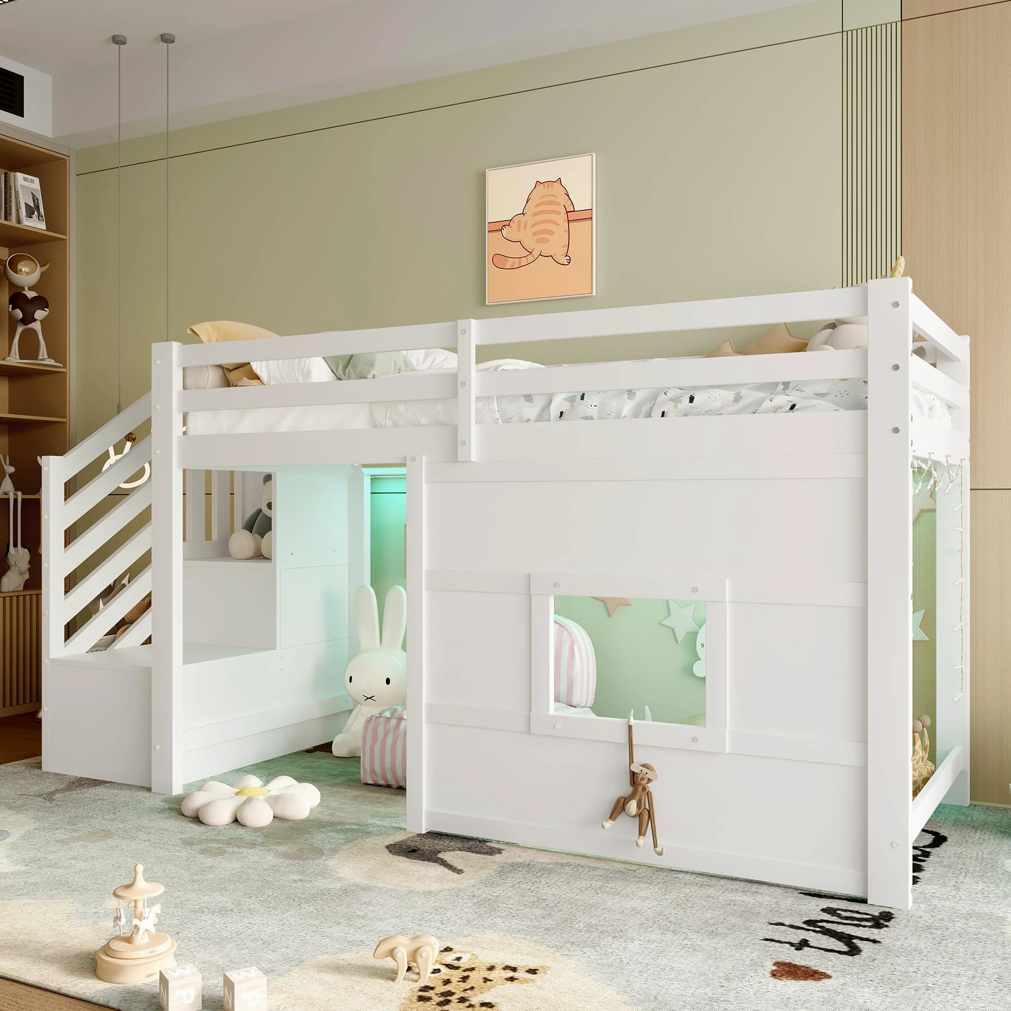 Sapgaks Lit Mezzanine Enfant 90x200 avec éclairage LED,lit mi Hauteur avec escalier de Rangement et fenêtre,Cadre de lit Enfant 90x200 (J-Blanc 90)