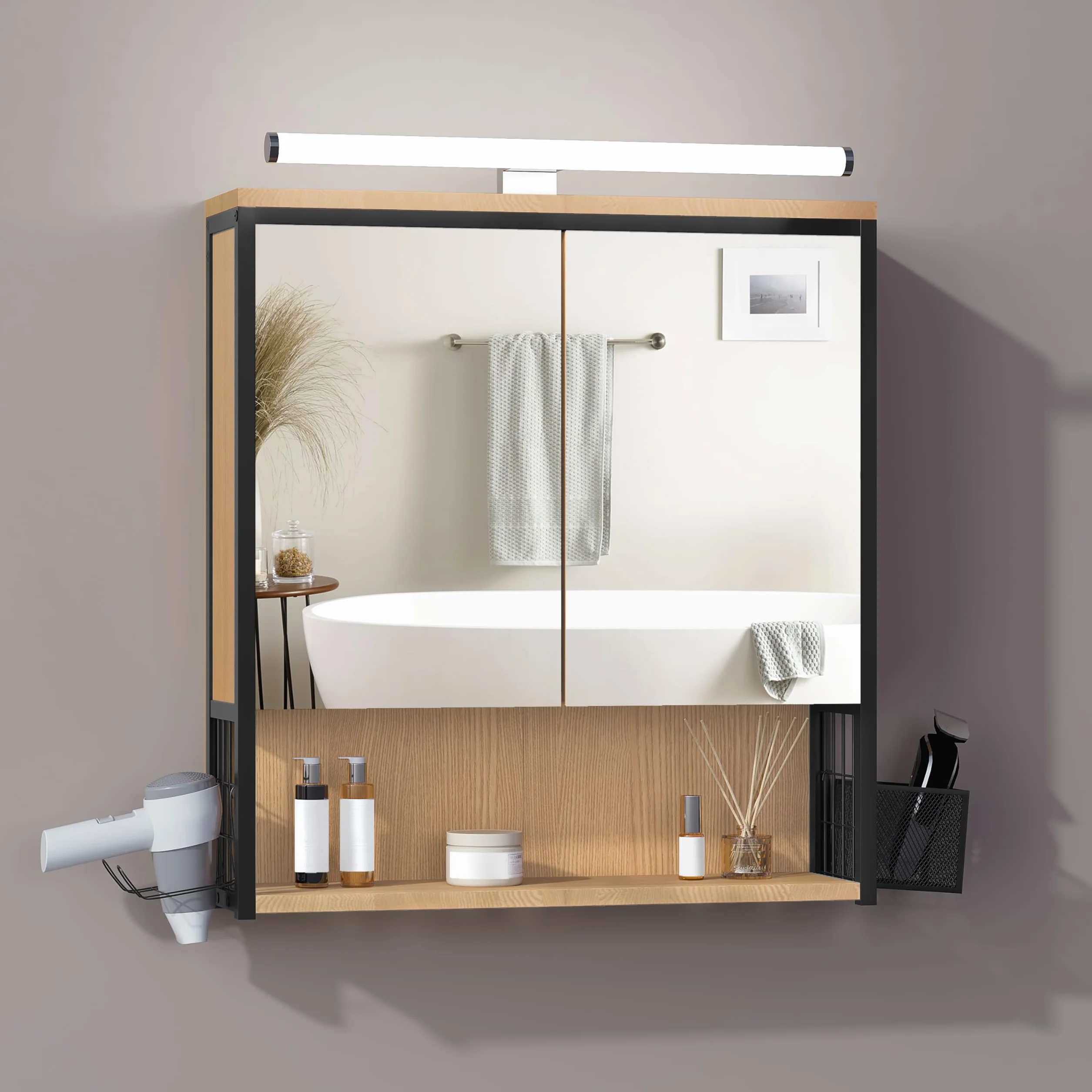 EUGAD Armoire Murale Salle de Bain avec Miroir et LED, Meuble Salle de Bain, Armoire de Toilette, avec Étagère Réglable, Support Sèche-Cheveux, Chêne +Noir