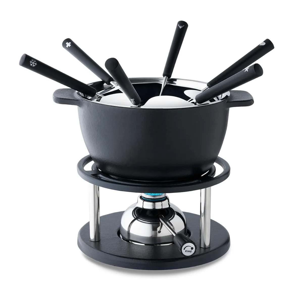 Kisag Twin Set à Fondue en Fonte pour 6 Personnes avec Casserole en Fonte Ø 16 cm Convient pour l'induction, réchaud Suisse avec brûleur à gaz et 6 fourchettes à Fondue, kit à Fondue au Fromage, à la