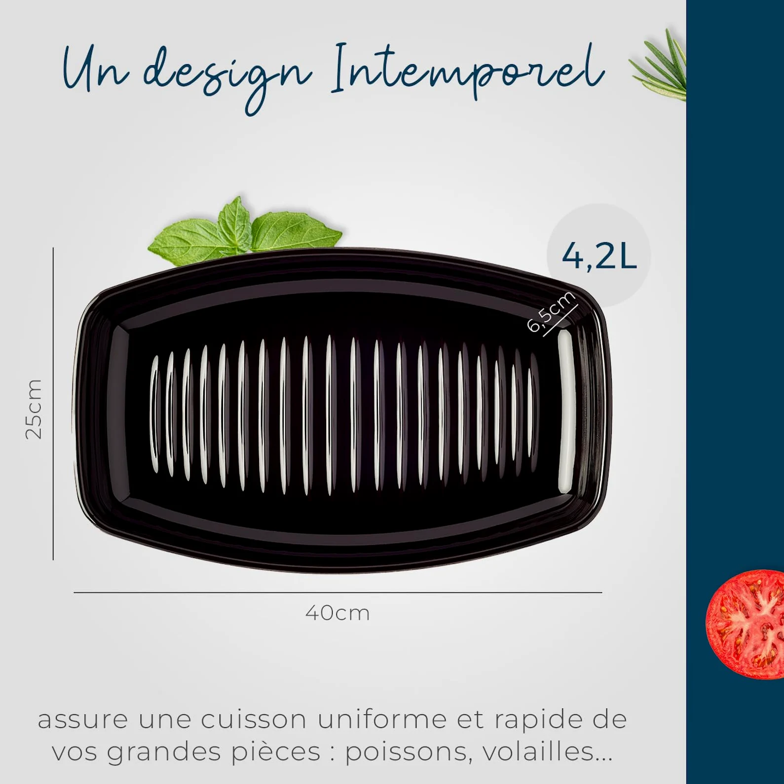ESPRIT DE CUISINE - Plat À Four Poisson En Céramique - Cuisson Homogène - Émail Résistant Aux Rayures - Facile À Nettoyer - Made in France - 4,2L - 40x25x6,5cm Extérieur - Fusain Mat Noir