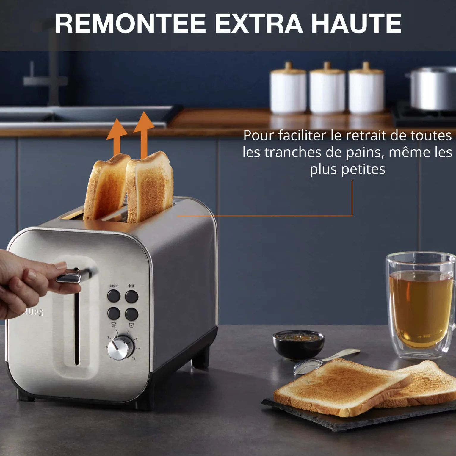 Krups Grille-pain 2 fentes larges, Inox brossé premium, 8 réglages température, Remontée extra-haute, Tiroir ramasse-miettes, Excellence KH682D10