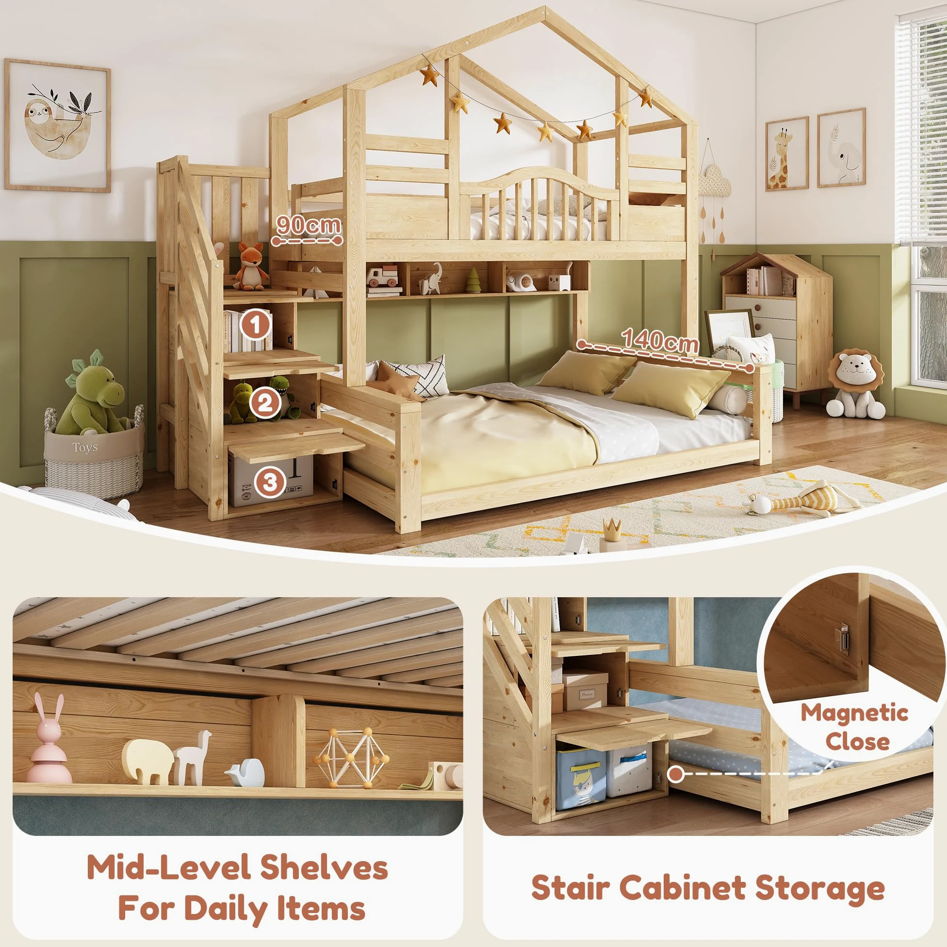 Lit Superposé Enfant avec escalier de rangement et étagères, Lit Enfant multifonctionnel avec 90x200 partie supérieure et 140x200 partie inférieure, en bois naturel Beige Clair Naturel (Sans Matelas)