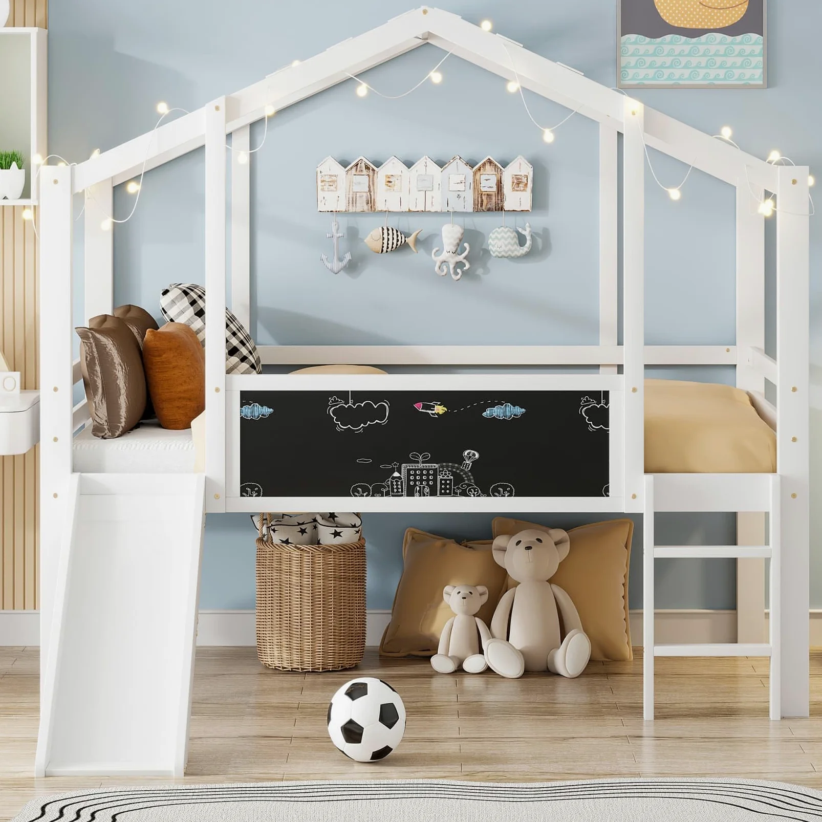 Lit Mezzanine 1 Place 90x200cm,Lit Cabane Enfants avec Toboggan,Tableaux Blancs,Haute Barrière,Sommier à Lattes Solide,Pin,pour Enfants Adolescents,sans LED/Matelas(Blanc)