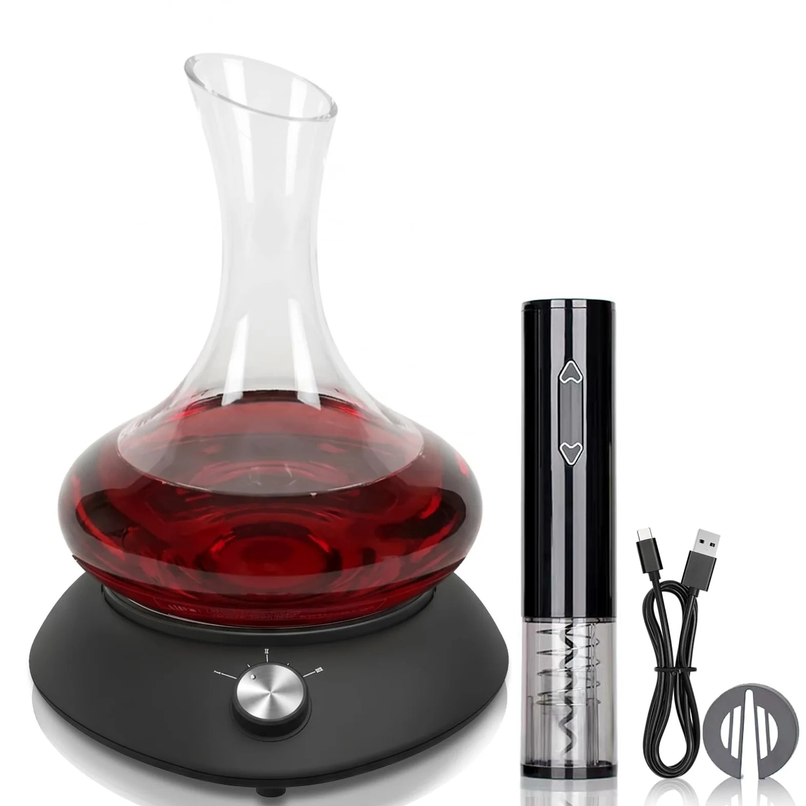 Carafe à vin noire avec shaker électrique, aérateur de vin à rotation automatique.