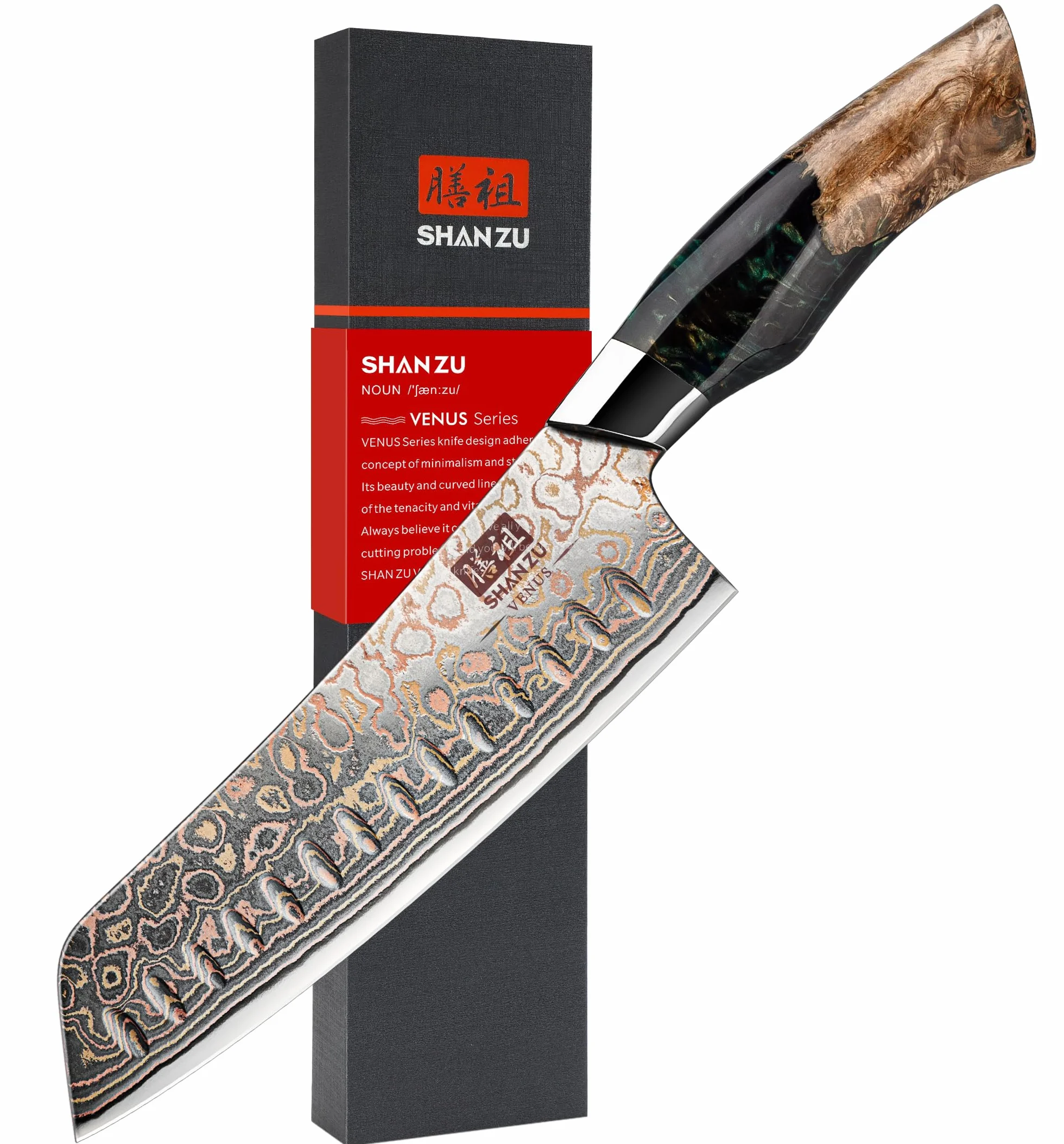 SHAN ZU Couteaux Santoku Damas 18cm, Couteau de Cuisine en Cuivre et Acier Damas 33 Couches, Couteau Japonais Santoku Professionnel Forgé à la Main avec Manche en Bois d'érable - VENUS Series