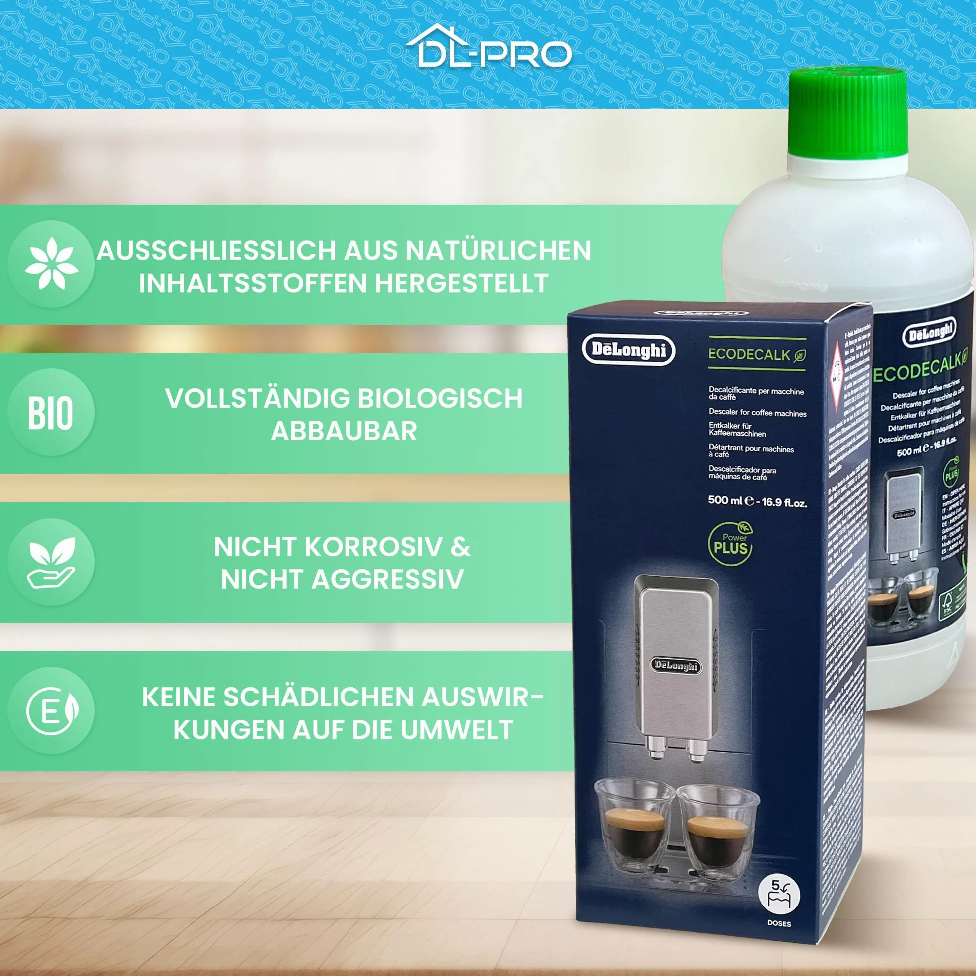 DL-pro Lot de 2 détartrants 500 ml pour machine à café DeLonghi 5513296041 SER3018 DLSC500 EcoDecalk avec brosse de nettoyage DL-pro pour machine à café automatique
